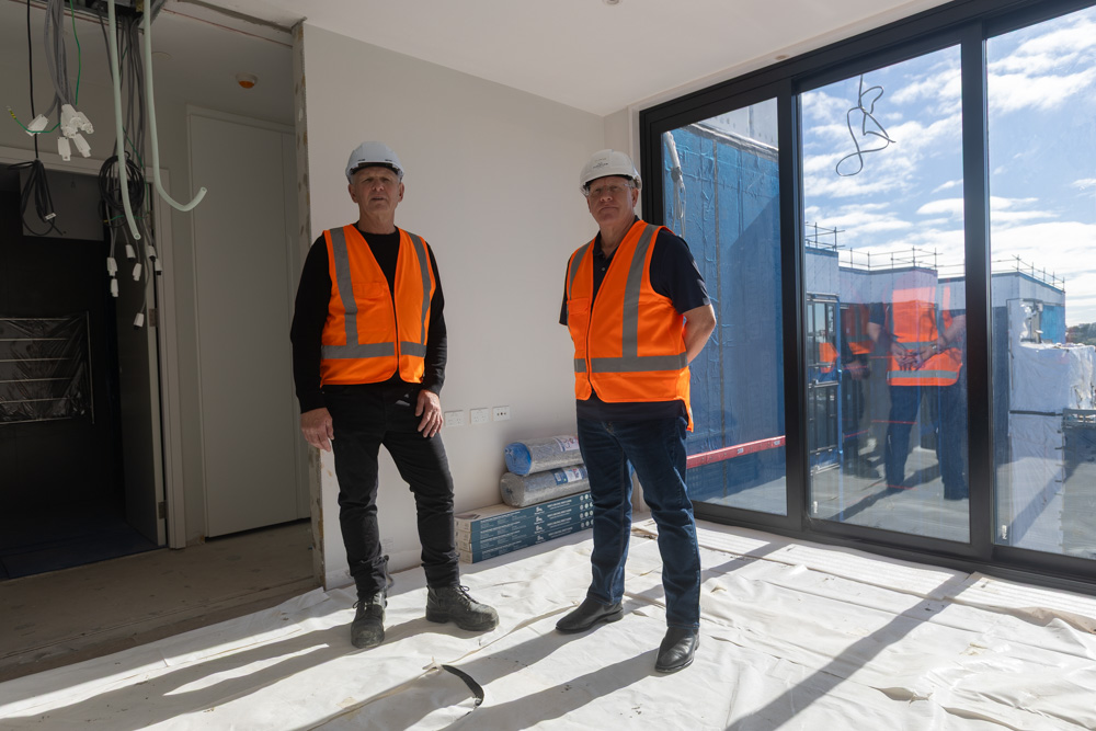 Ian Guilford, TLC development manager,  and TLC Modular chief executive Alistair Sawer in the Elevation apartments last week. Photo / Jason Dorday  