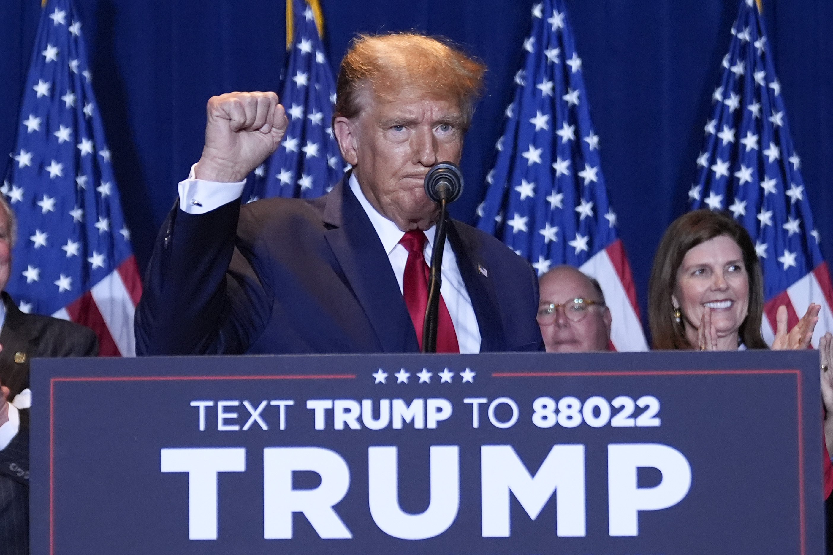 Republican presidential candidate former President Donald Trump speaks at a primary election night party at the South Carolina State Fairgrounds. Photo / AP