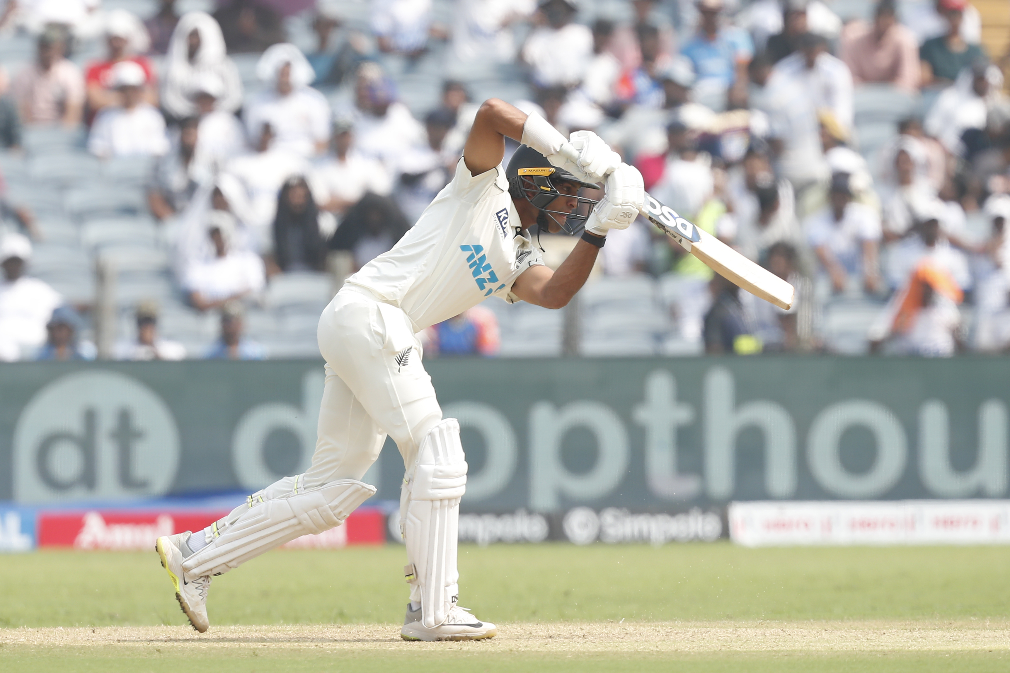 Rachin Ravindra in action during day one of the second test against India. Photo / Photosport