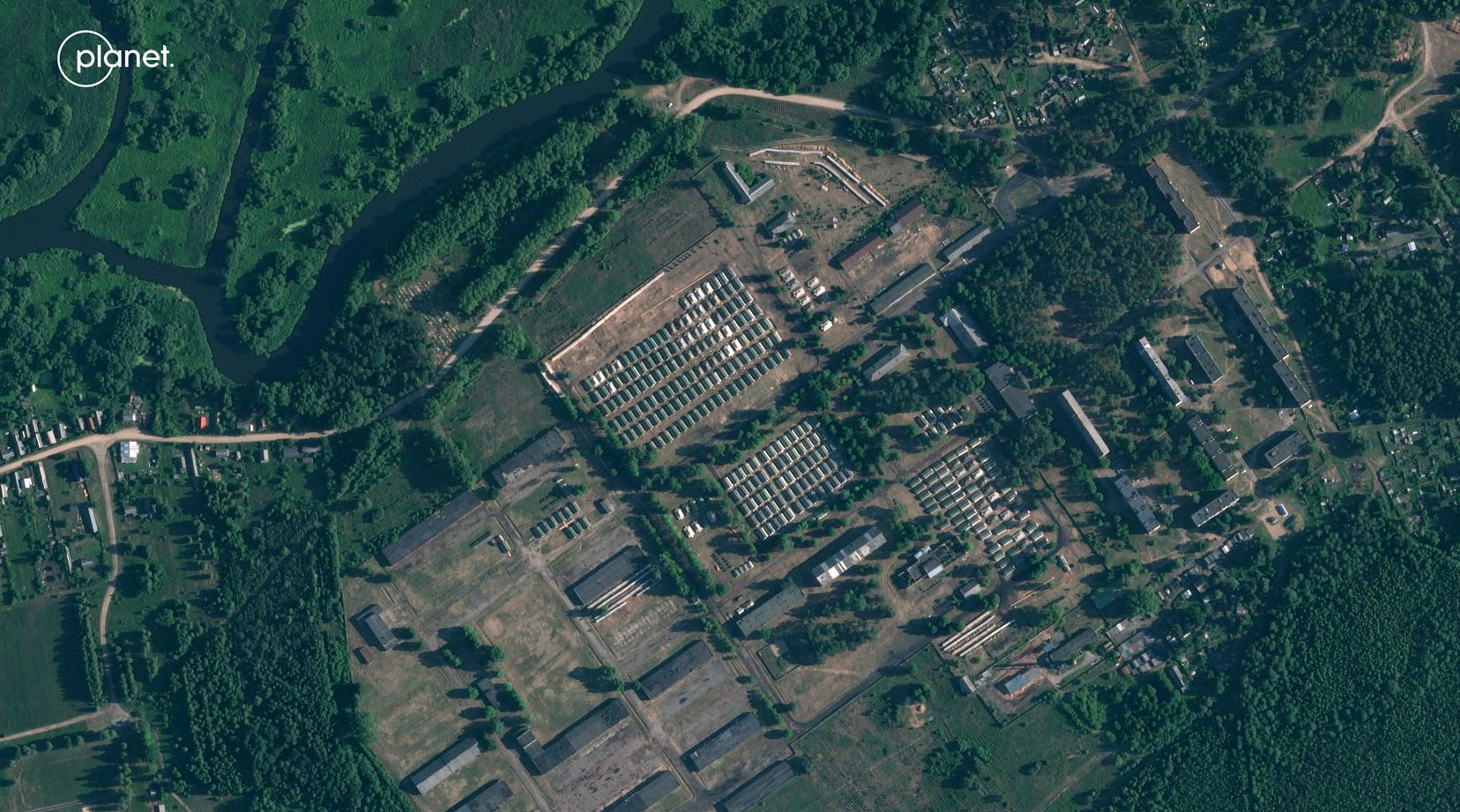 An apparent recent construction of tents at a former military base outside the Belarusian town of Osipovichi. Photo / AP