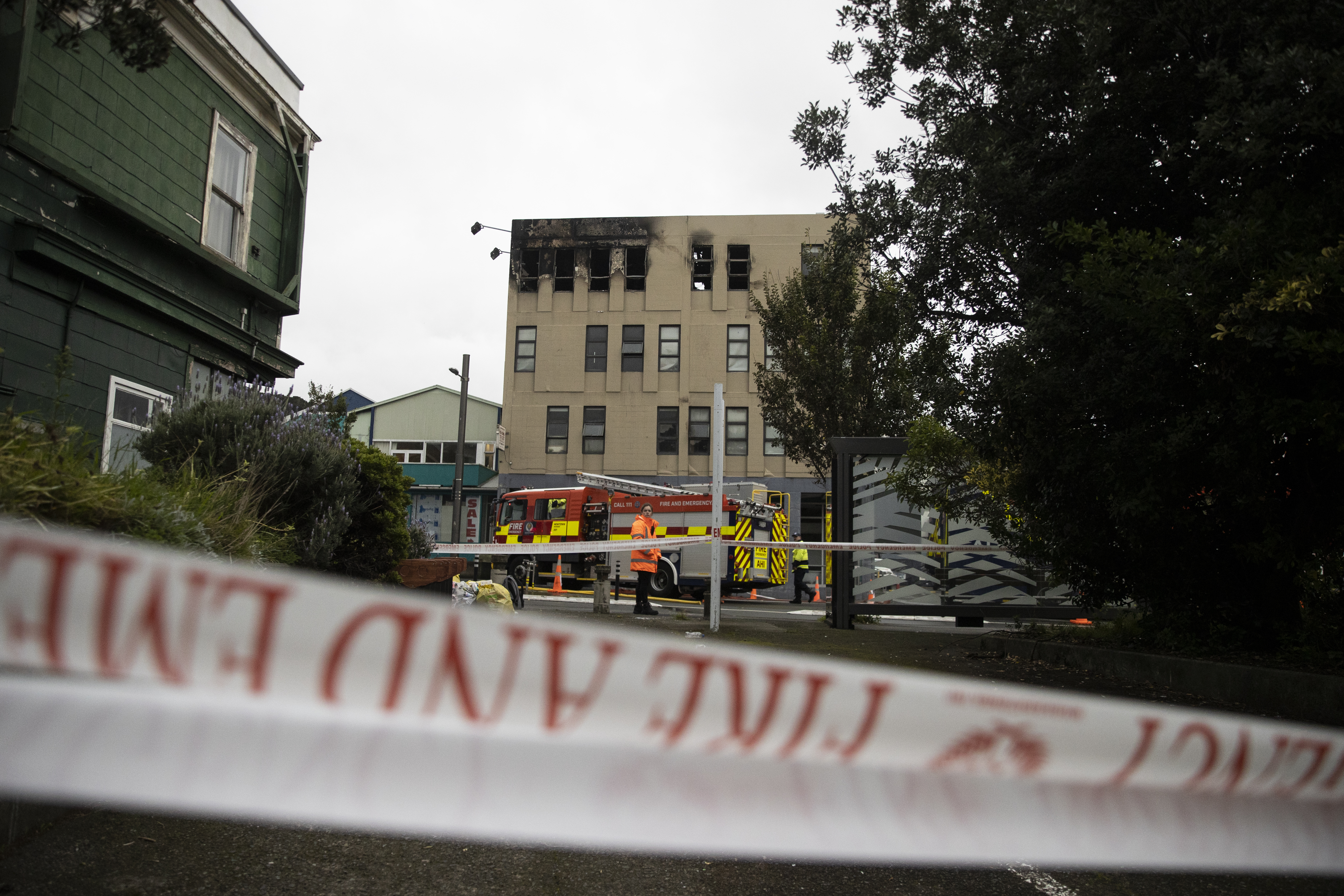 The scene of the Loafers Lodge hostel fire in Newtown, Wellington on day three, 18 May 2023. Photo / George Heard