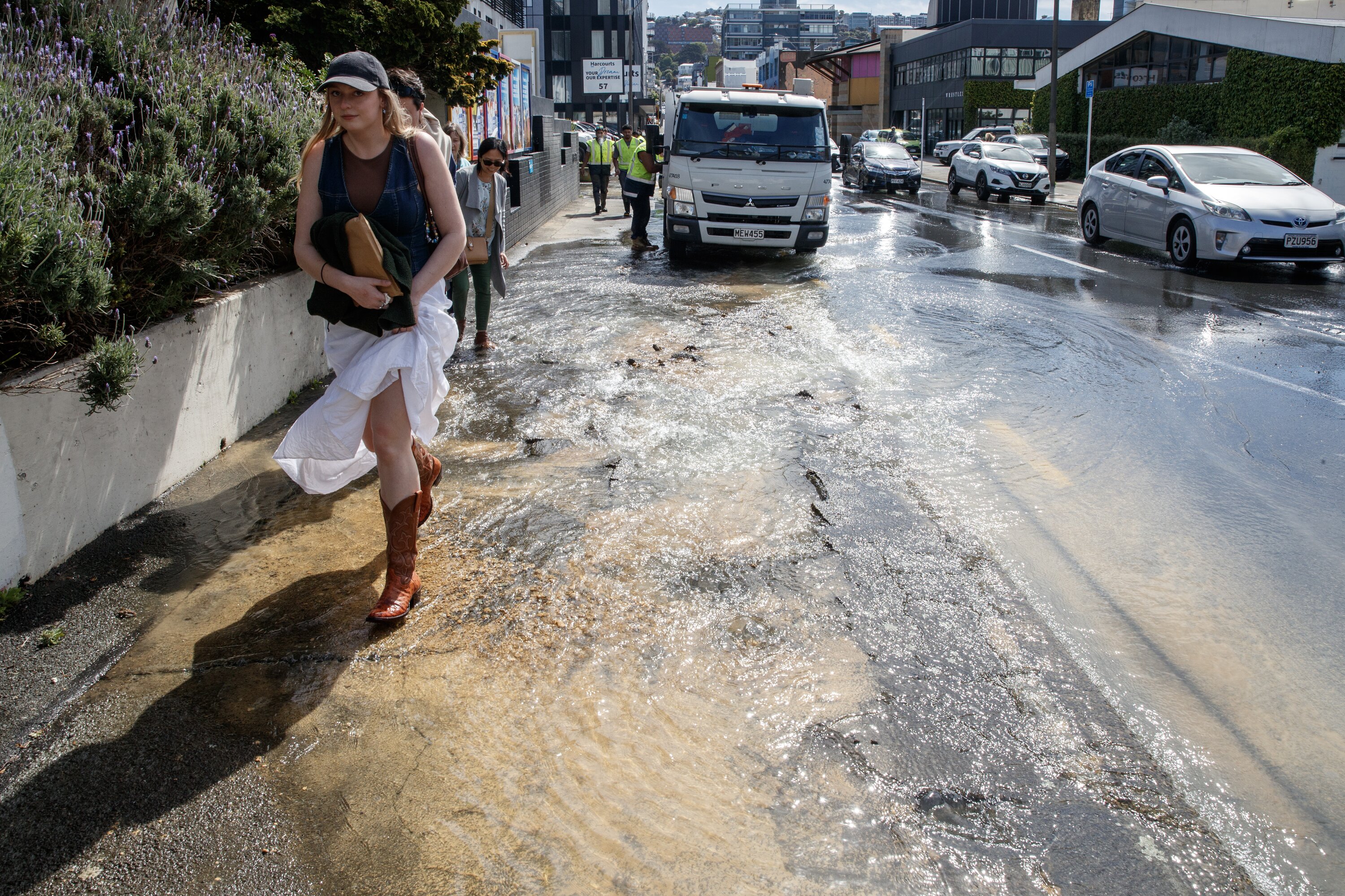A cast iron main burst in the central city and flooded State Highway 1 with muddy water earlier this month. Photo / Mark Mitchell
