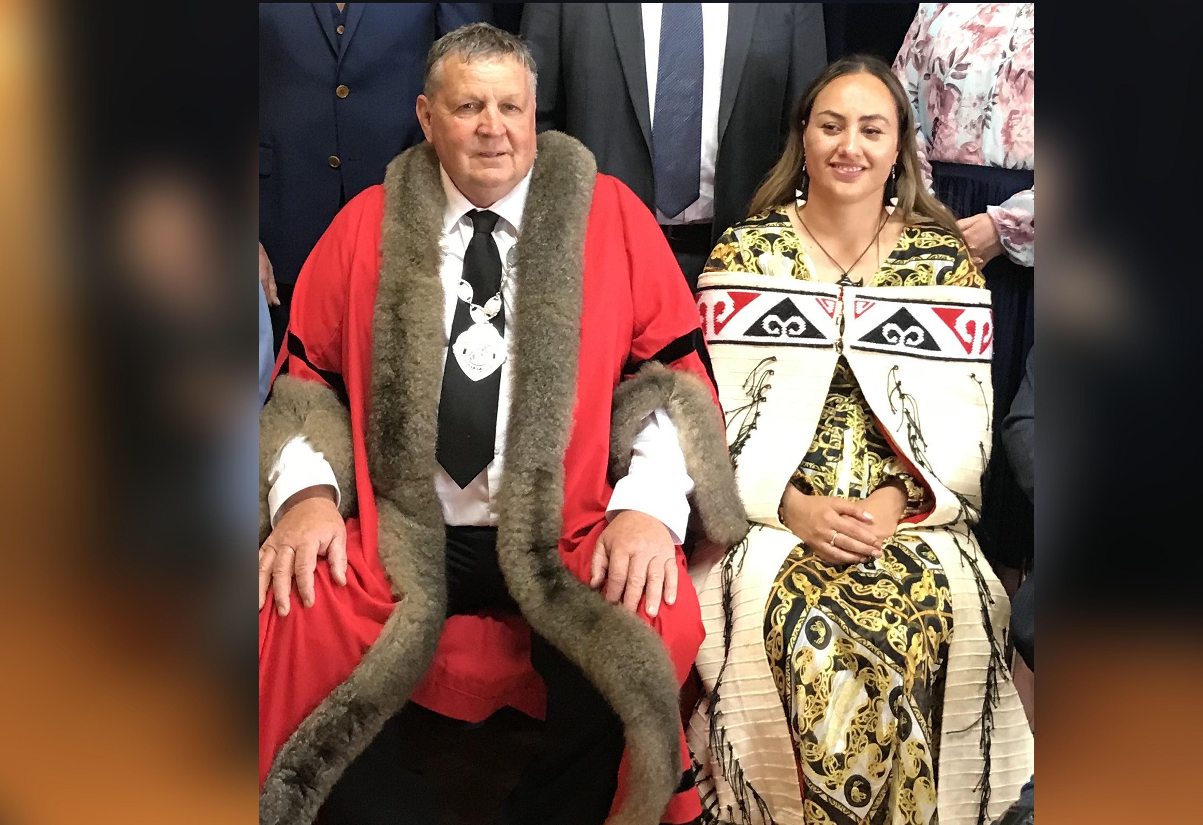 Kaipara Mayor Craig Jepson alongside Te Moananui Mōari Ward councillor Pera Paniora, wearing her korowai. Photo / Susan Botting