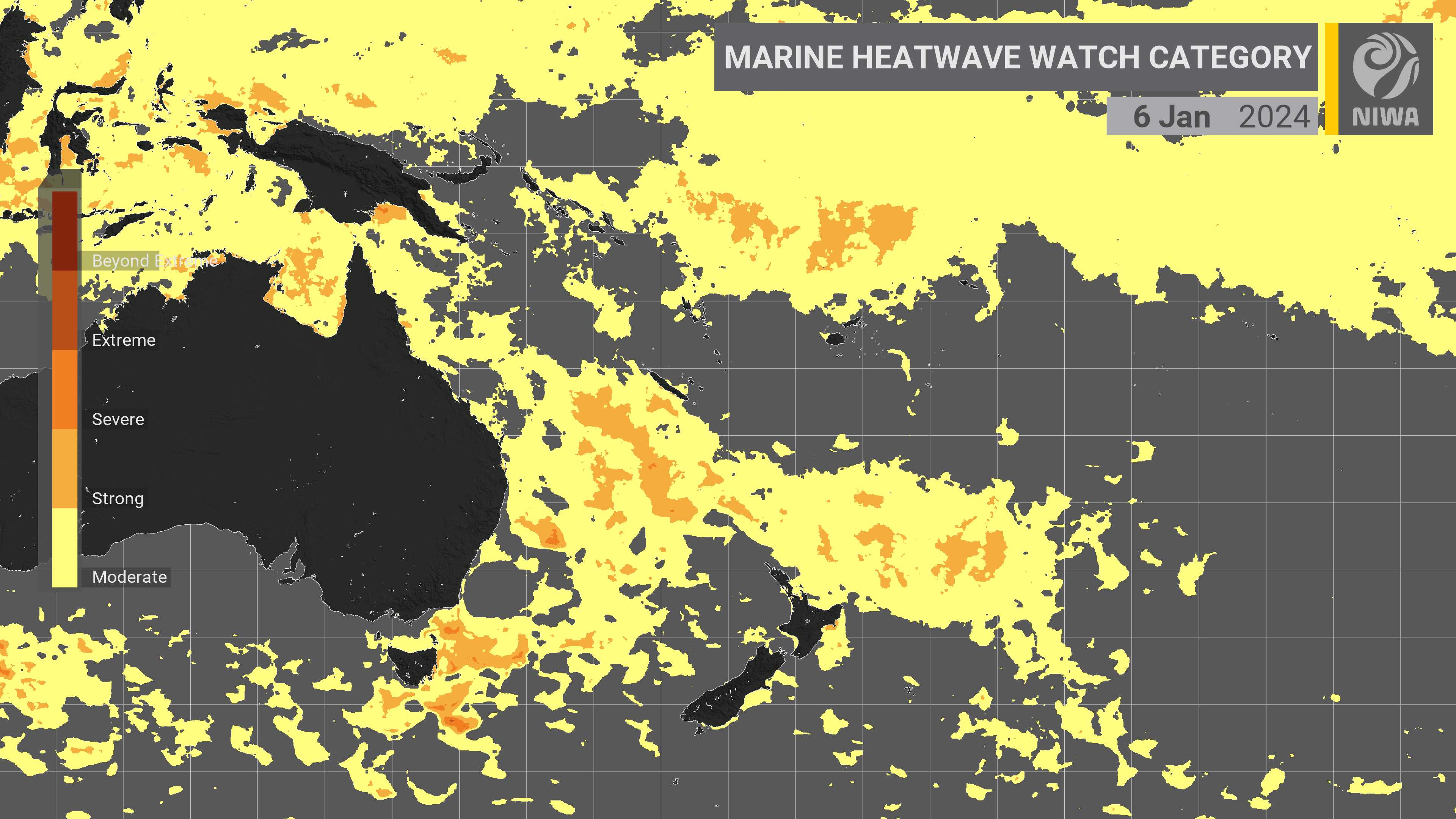 This image shows marine heatwave conditions - colour-coded by strength - around New Zealand. Image / Niwa