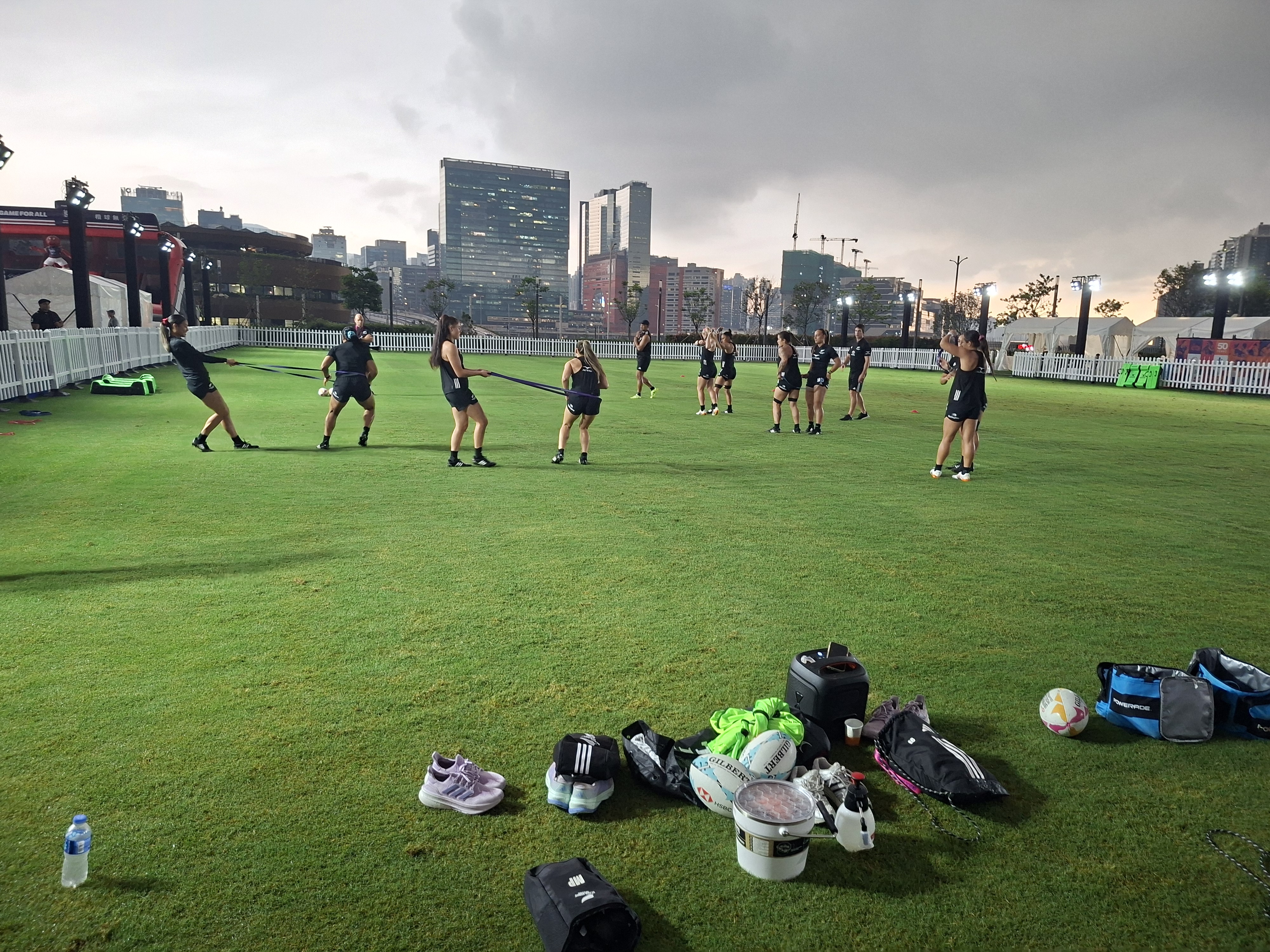 The Black Ferns Sevens warm up in Hong Kong. Photo / Samuel Sherry