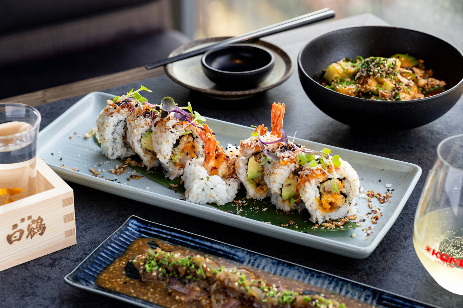 Kome's prawn ebi mayo sushi comes rolled uramaki (or inside-out) style. Photo / Babiche Martens