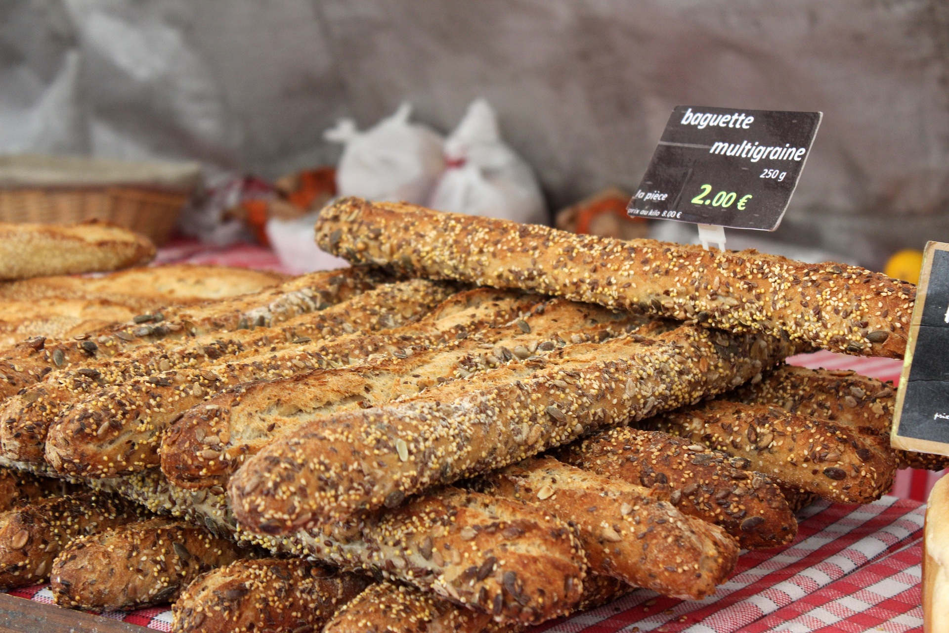 Seeds of success: A multigrain baguette display at the Bastille Market in Paris. Photo /Sarah Wildman, The Washington Post