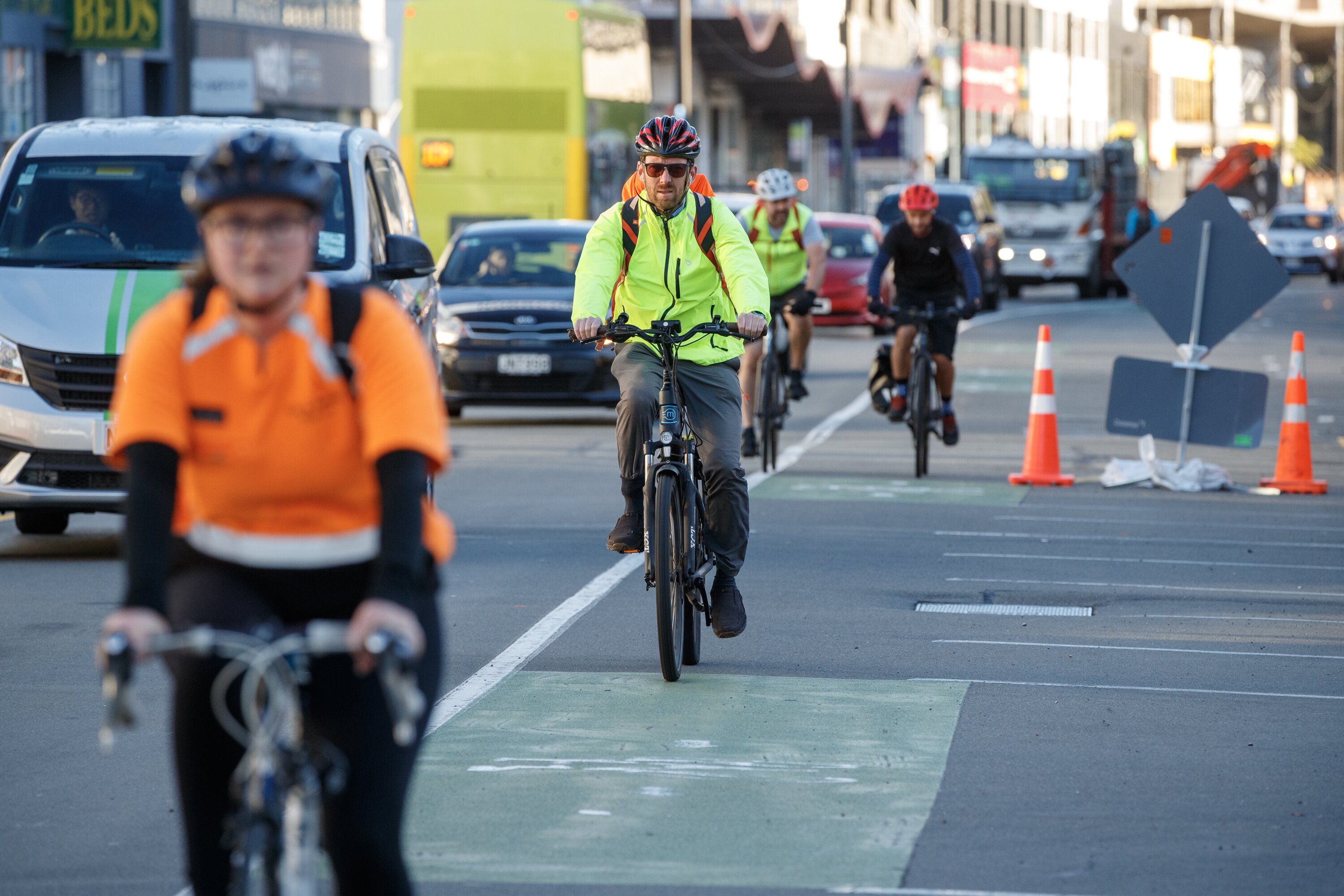 Cyclists using the newly installed cycleway along Thorndon Quay. Photo / Mark Mitchell