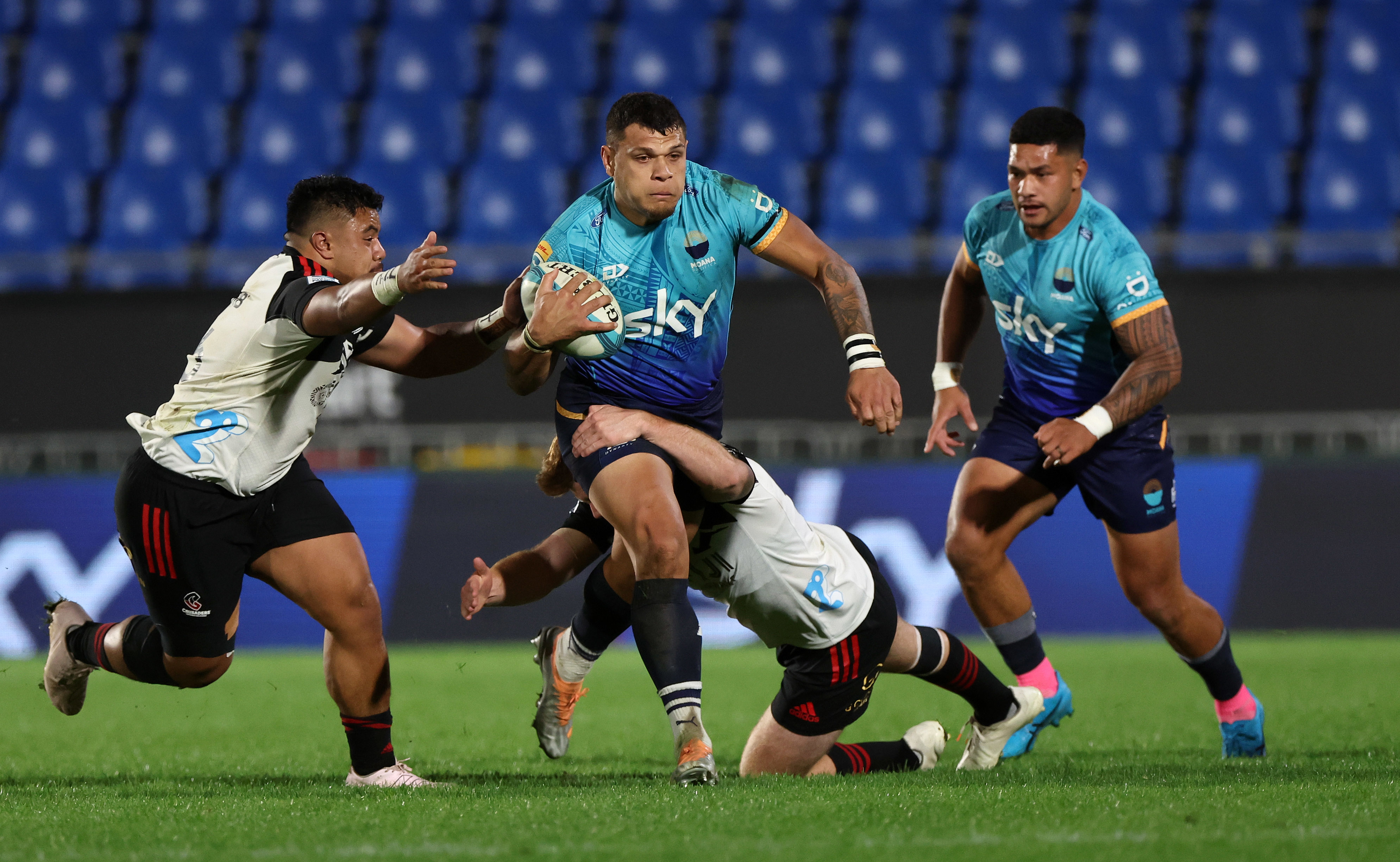 Levi Aumua of Moana Pasifika in action against the Crusaders at Mt Smart Stadium. Photo / Photosport