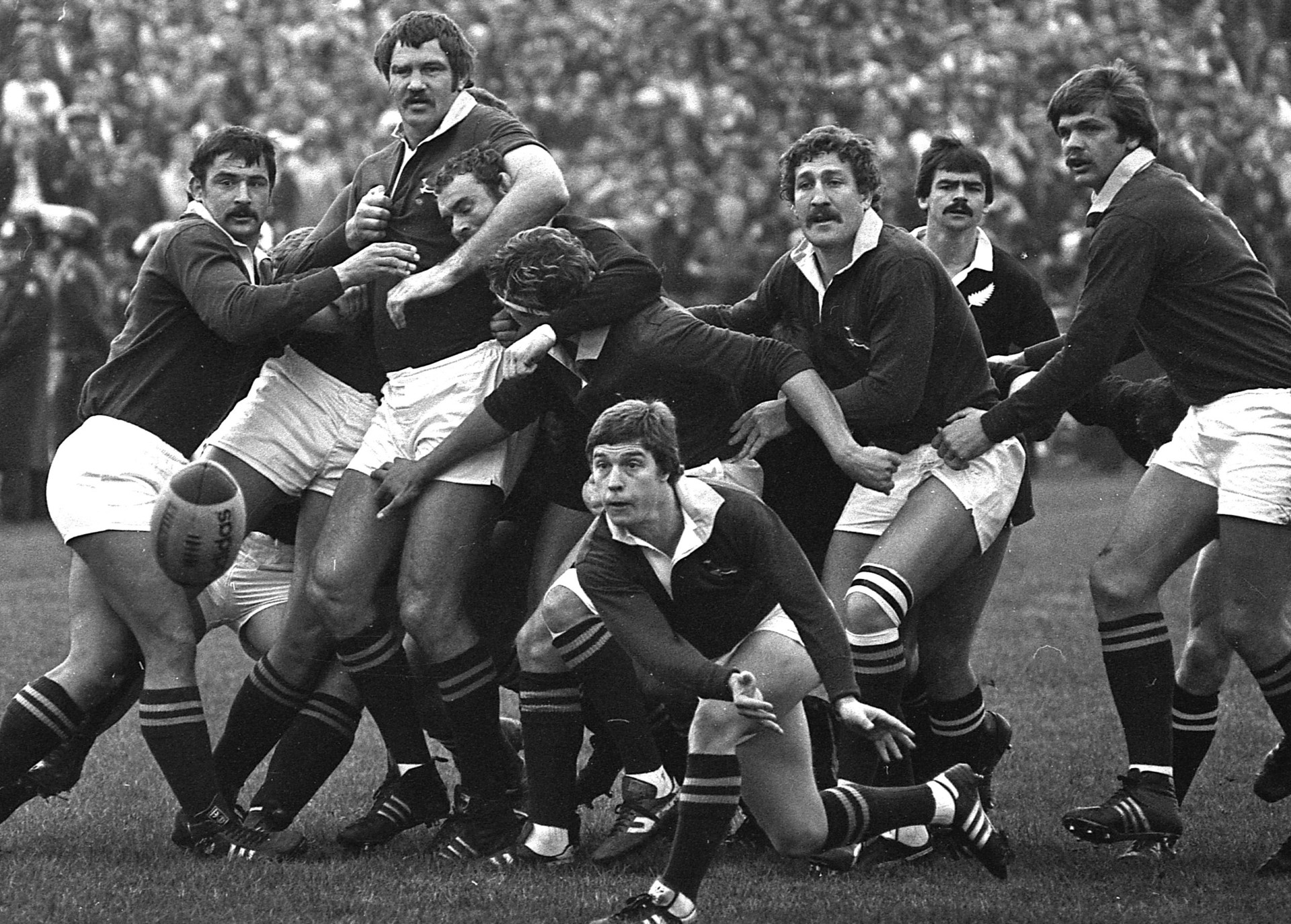 Springboks halfback Divan Serfontein sends his backline away against the All Blacks in the first test at Lancaster Park in 1981. Photo / NZPA