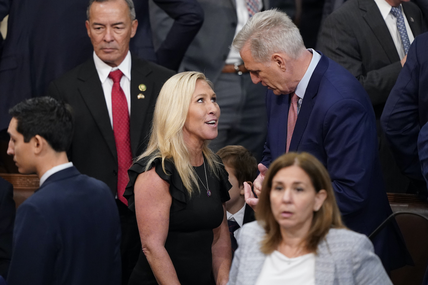 Rep. Marjorie Taylor Greene, R-Ga., talks with Rep. Kevin McCarthy, R-Calif., during the vote for House Speaker on the opening day of the 118th Congress at the US Capitol. Photo / AP