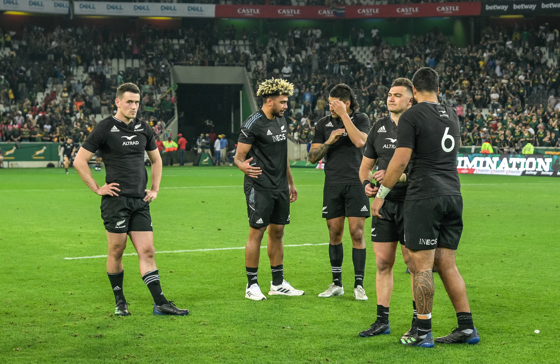 Dejected All Black players after losing the match during the New Zealand All Blacks v South Africa Springboks rugby union match at Mbombela Stadium. Photo / Photosport.co.nz