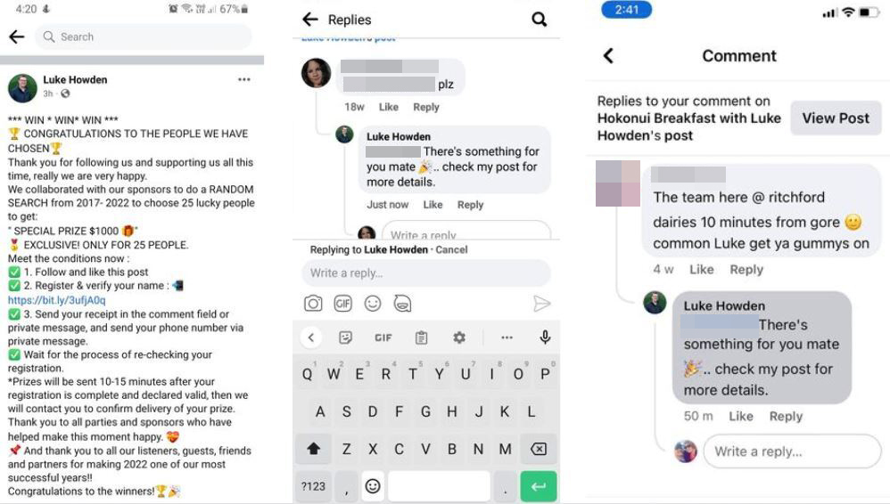 Messages and correspondence from the fake profile to listeners. Photo / NZME