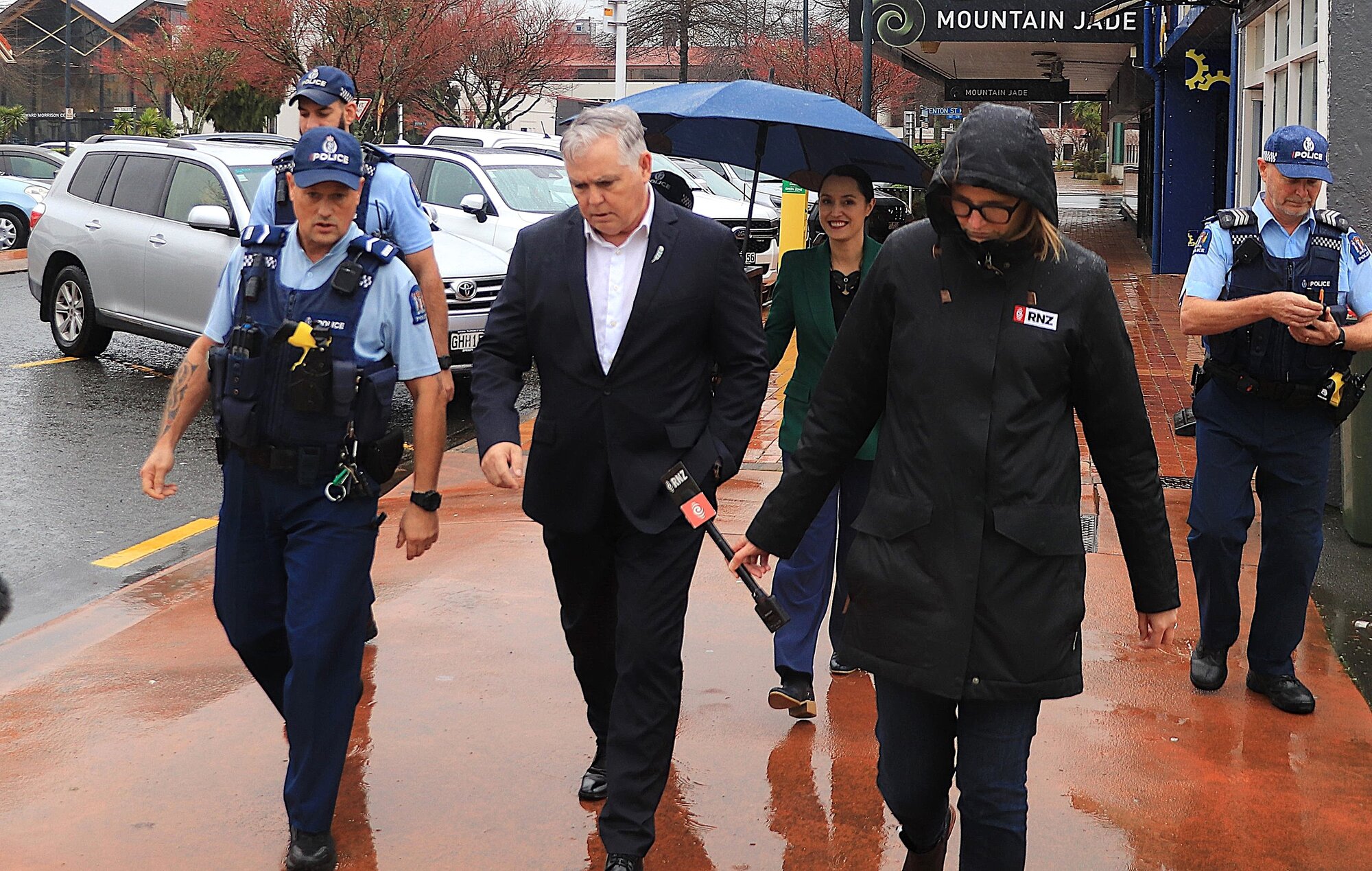  Police Minister Mark Mitchell walked around Rotorua's city centre with Senior Constable Anthony O'Keeffe, Rotorua Mayor Tania Tapsell, media and police.  Photo / Annabel Reid