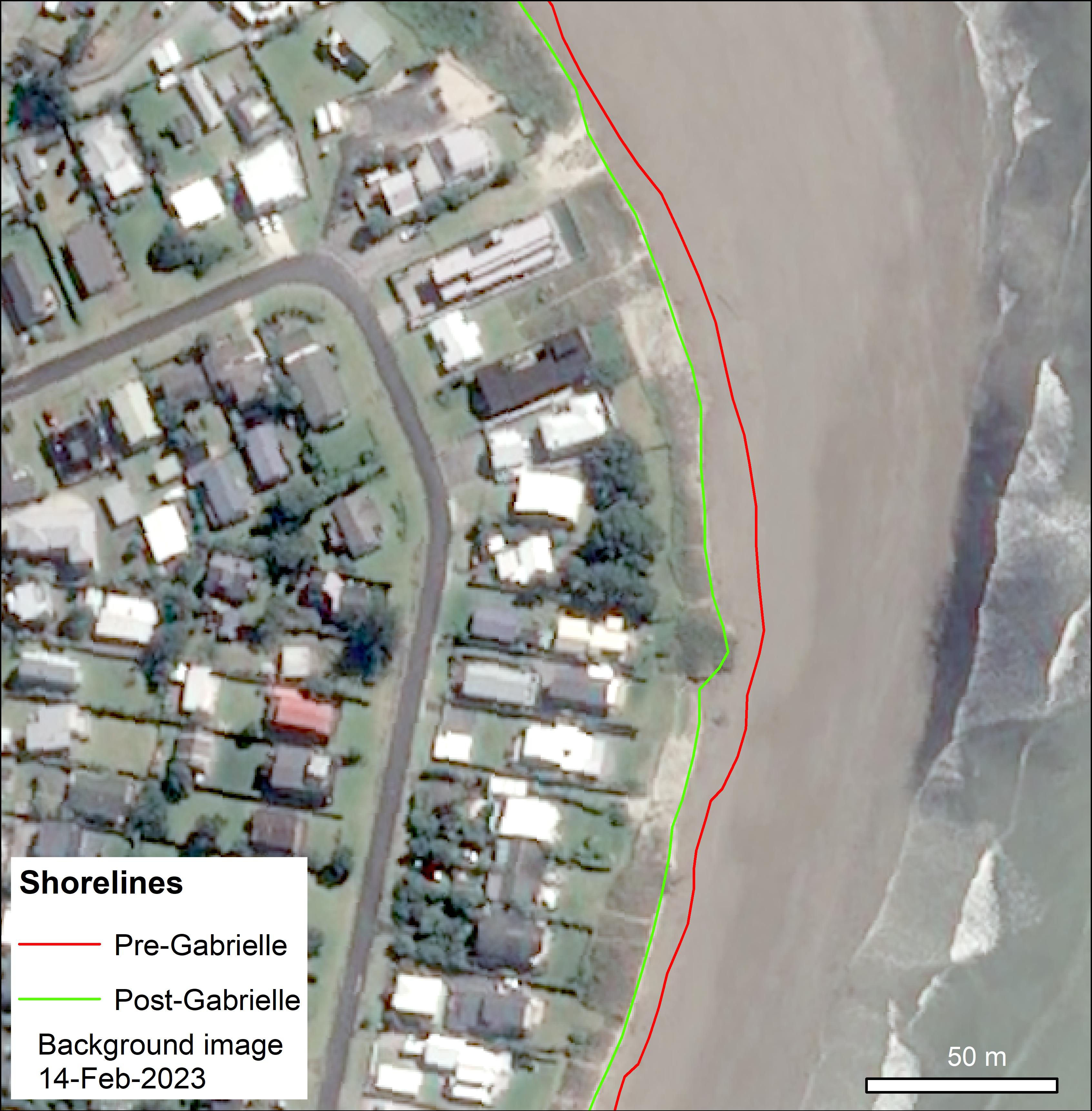 This satellite image shows the shoreline at Whangamatā, with red and green lines denoting its position before and after Cyclone Gabrielle. Image / Airbus DS 2023