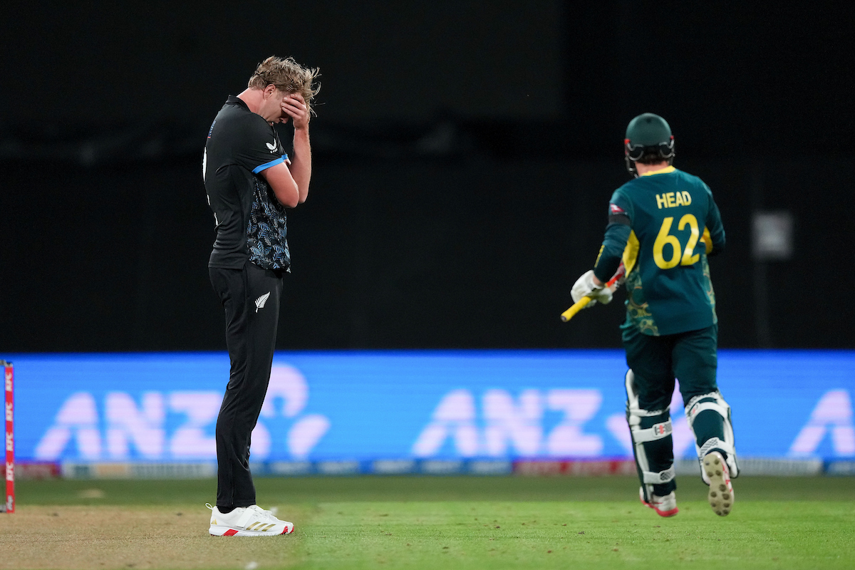 Kyle Jamieson reacts in New Zealand's opening Twenty20 International against Australia at Bay Oval. Photo / Photosport