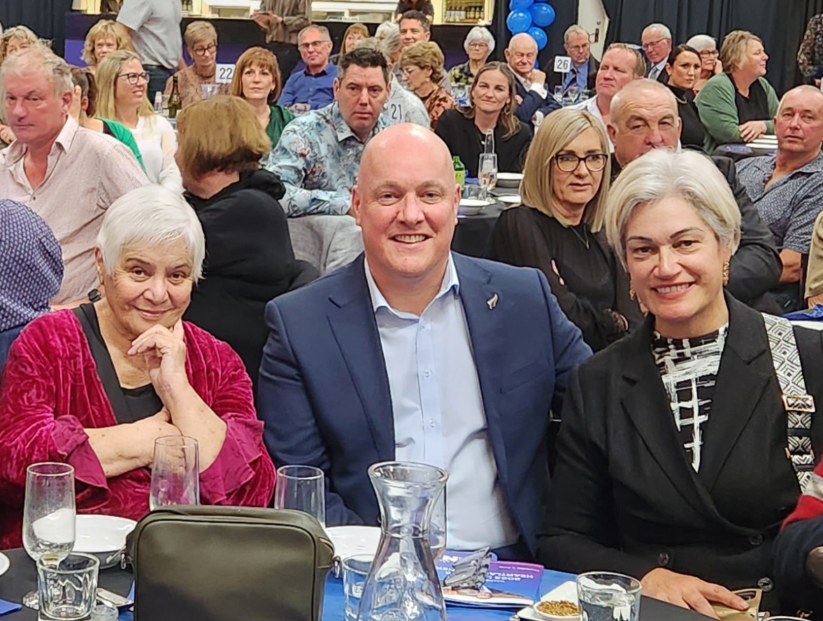 Former Te Pāti Māori leader Dame Tariana Turia (left) with National Party leader Christopher Luxon and National's Te Tai Hauāuru candidate Harete Hipango at a fundraising event for National's Whanganui candidate Carl Bates. Photo / Supplied. 1/6/23.