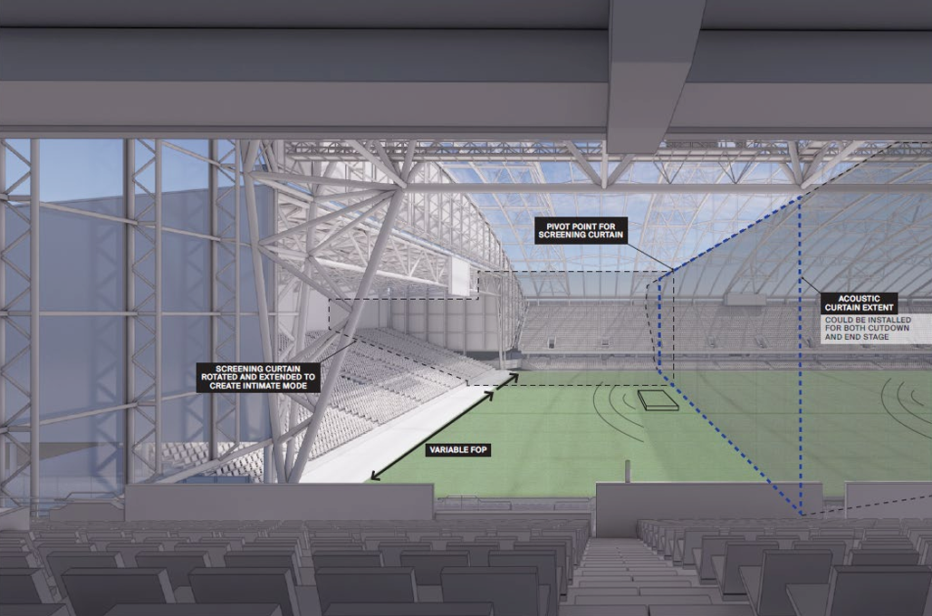 The scalable curtain system could allow for mid-tier concerts, e-sports, exhibitions and other community events. Image / DVML