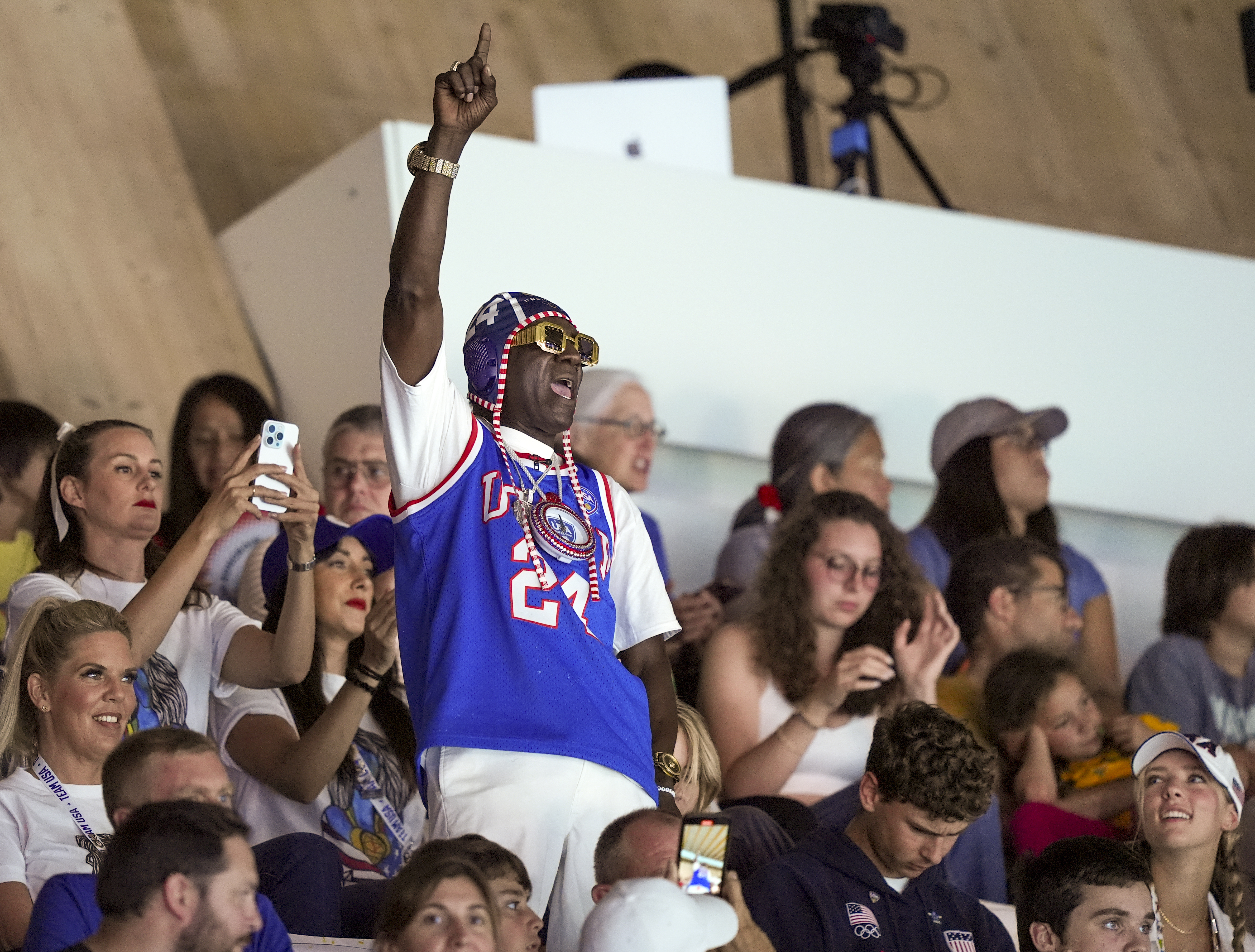Flavor Flav cheers for the US women’s water polo team during a game against Greece on Saturday. Photo / The Washington Post