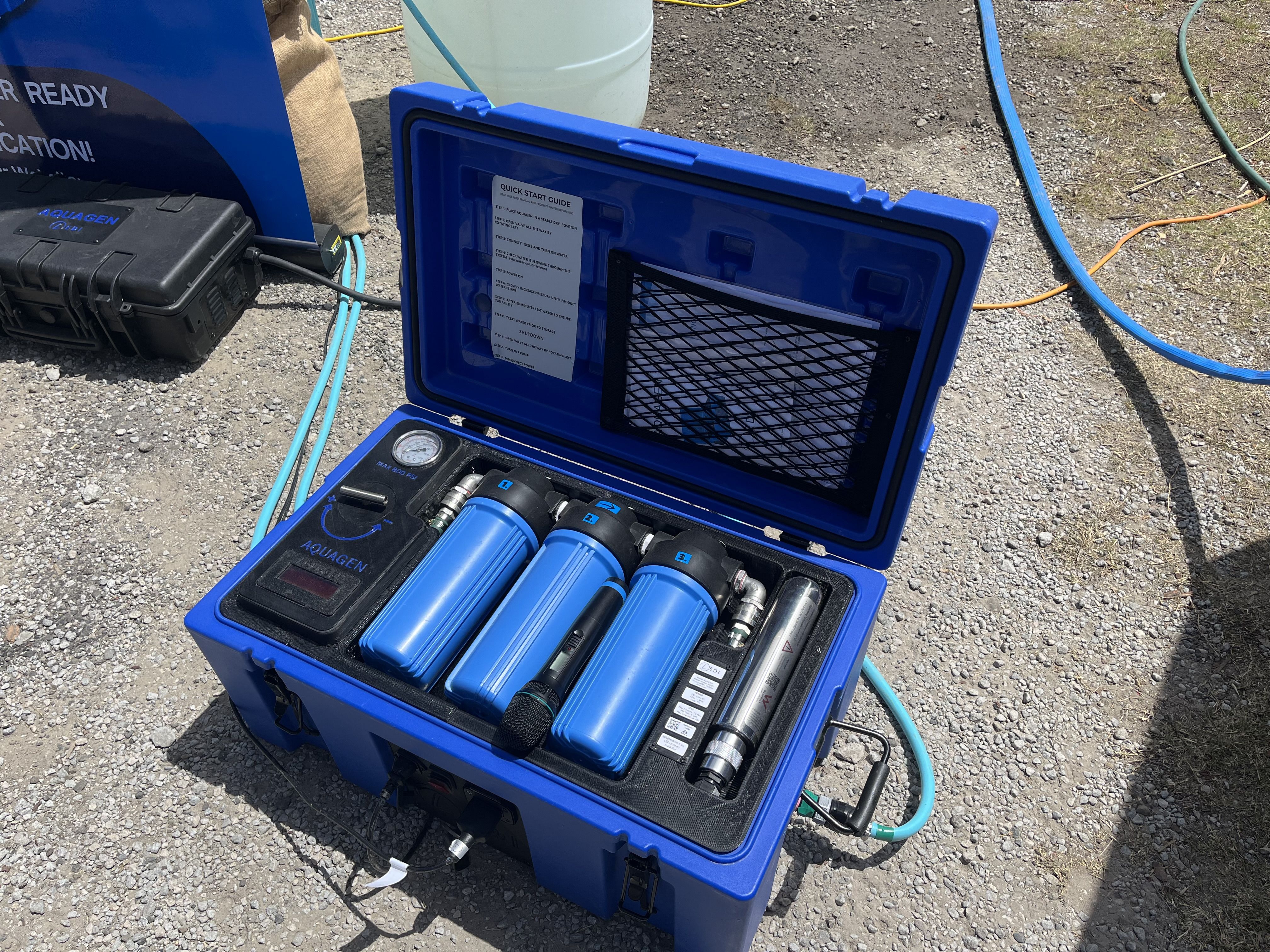  The AquaGen can produce 90 litres of fresh water an hour from salt water, or 200 litres from water from rivers or dams. Filters for the AquaGen can be bought at local hardware stores.
