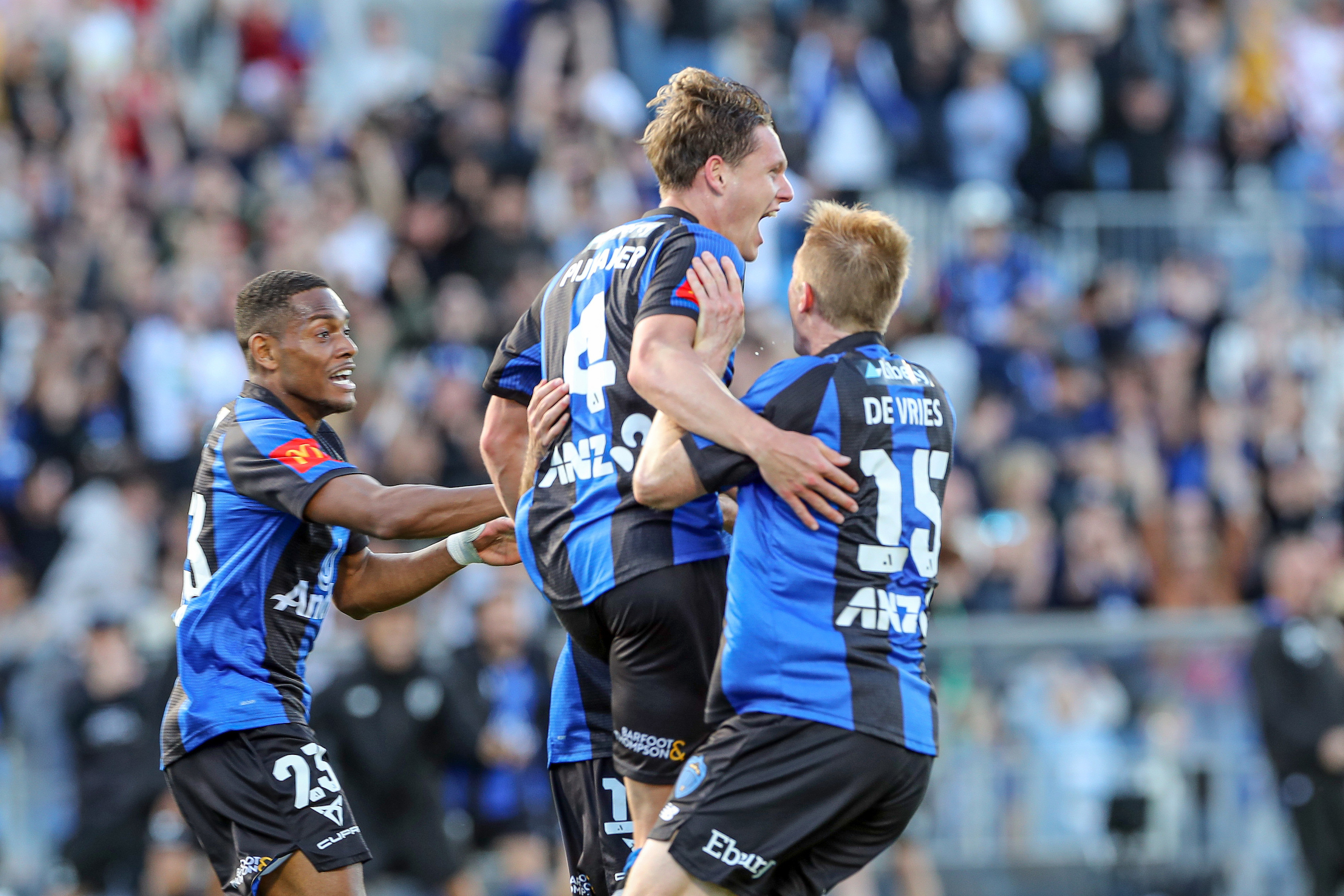 Nando Pijnaker scores and celebrates the only goal of the match. Photo / Photosport