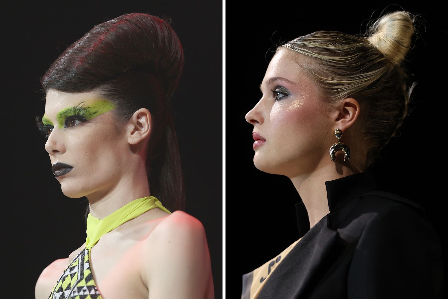 Left to right: A gravity-defying French Roll at Jacqueline Anne. Towering topknot at WANO4 (Go Media Miromoda). Photos / Getty Images