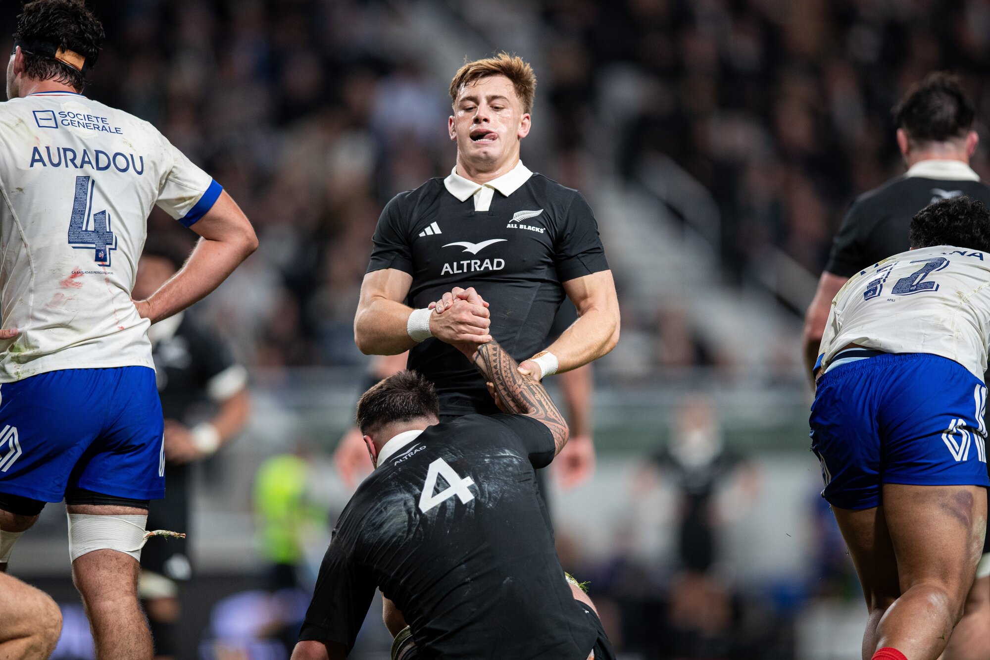 Ruben Love and Josh Lord during the All Blacks' clash with France. Photo / Alyse Wright