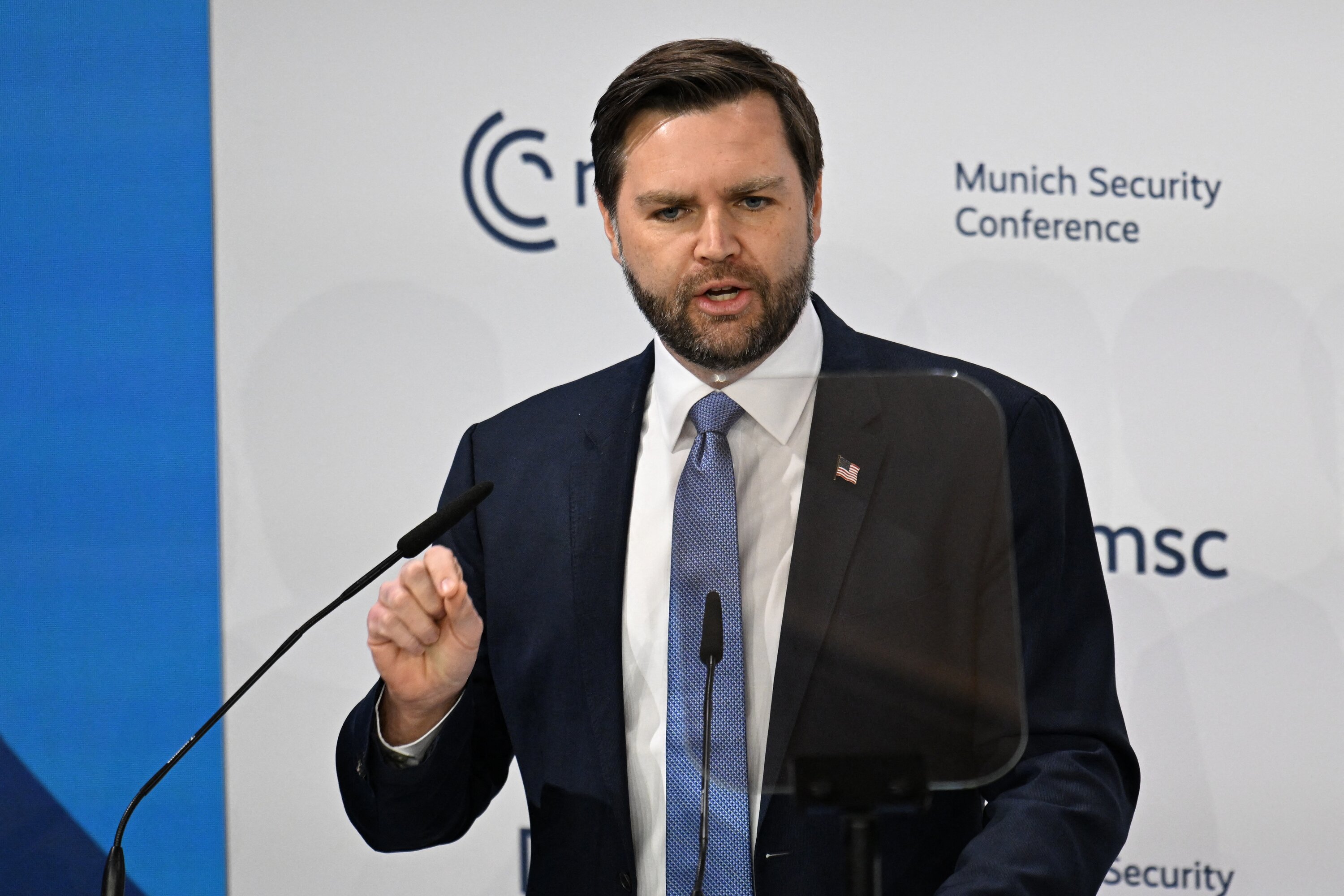 US Vice President JD Vance delivers his speech during the 61st Munich Security Conference. Photo / AFP
