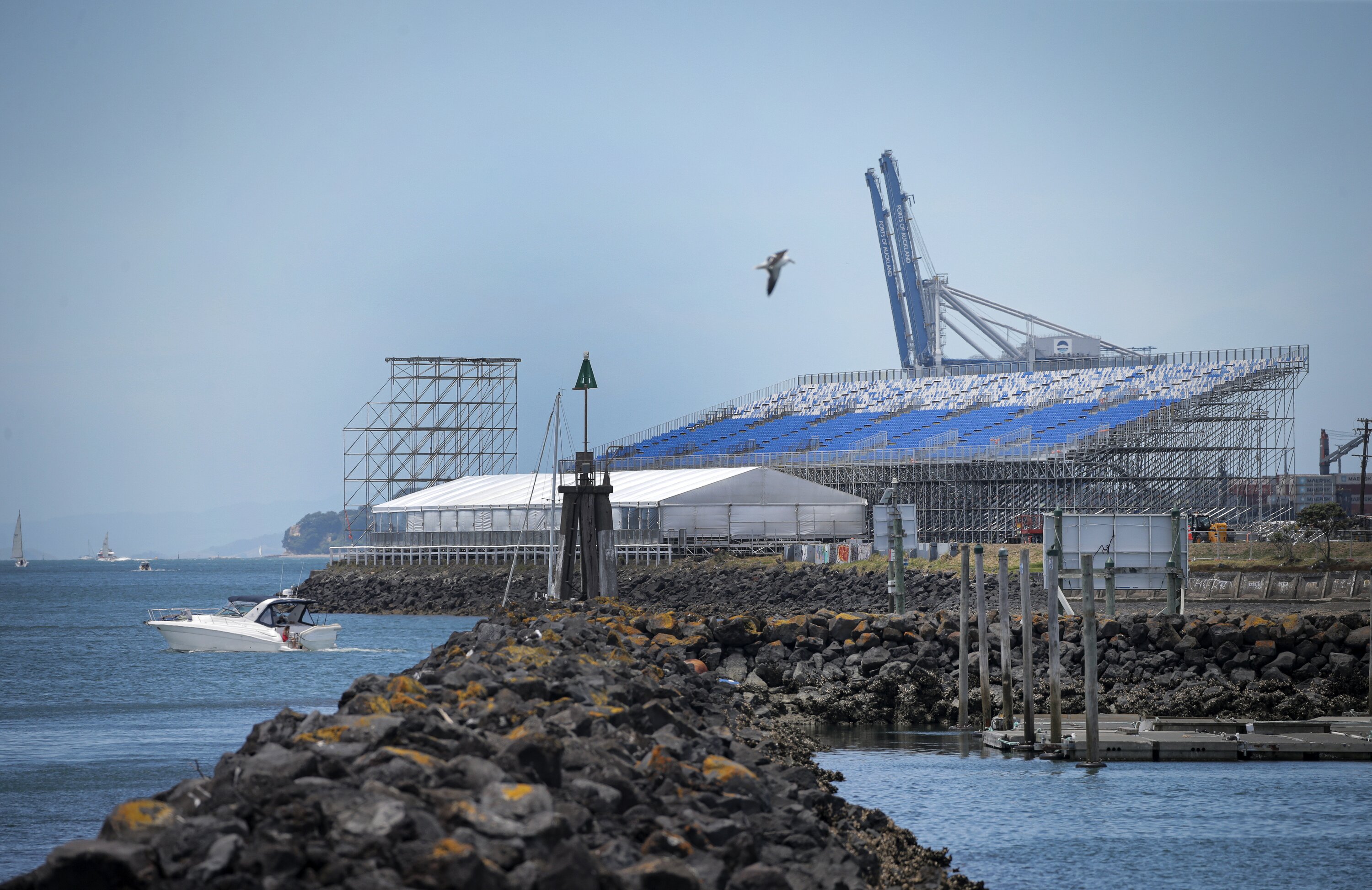 Seating for the upcoming SailGP racing being built at the end of Hamer St on Auckland's waterfront. Photo / Alex Burton