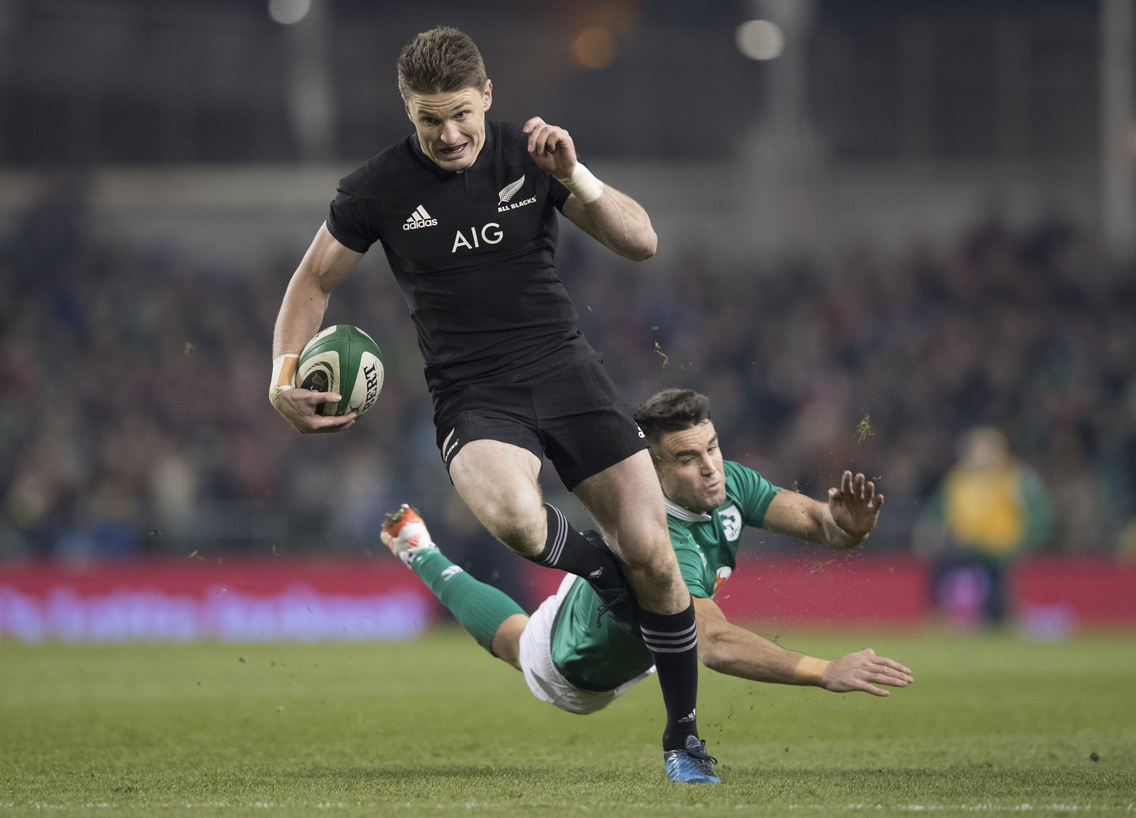 All Blacks first-five Beauden Barrett on his way to score during the test match between the New Zealand All Blacks and Ireland. Photo / Brett Phibbs