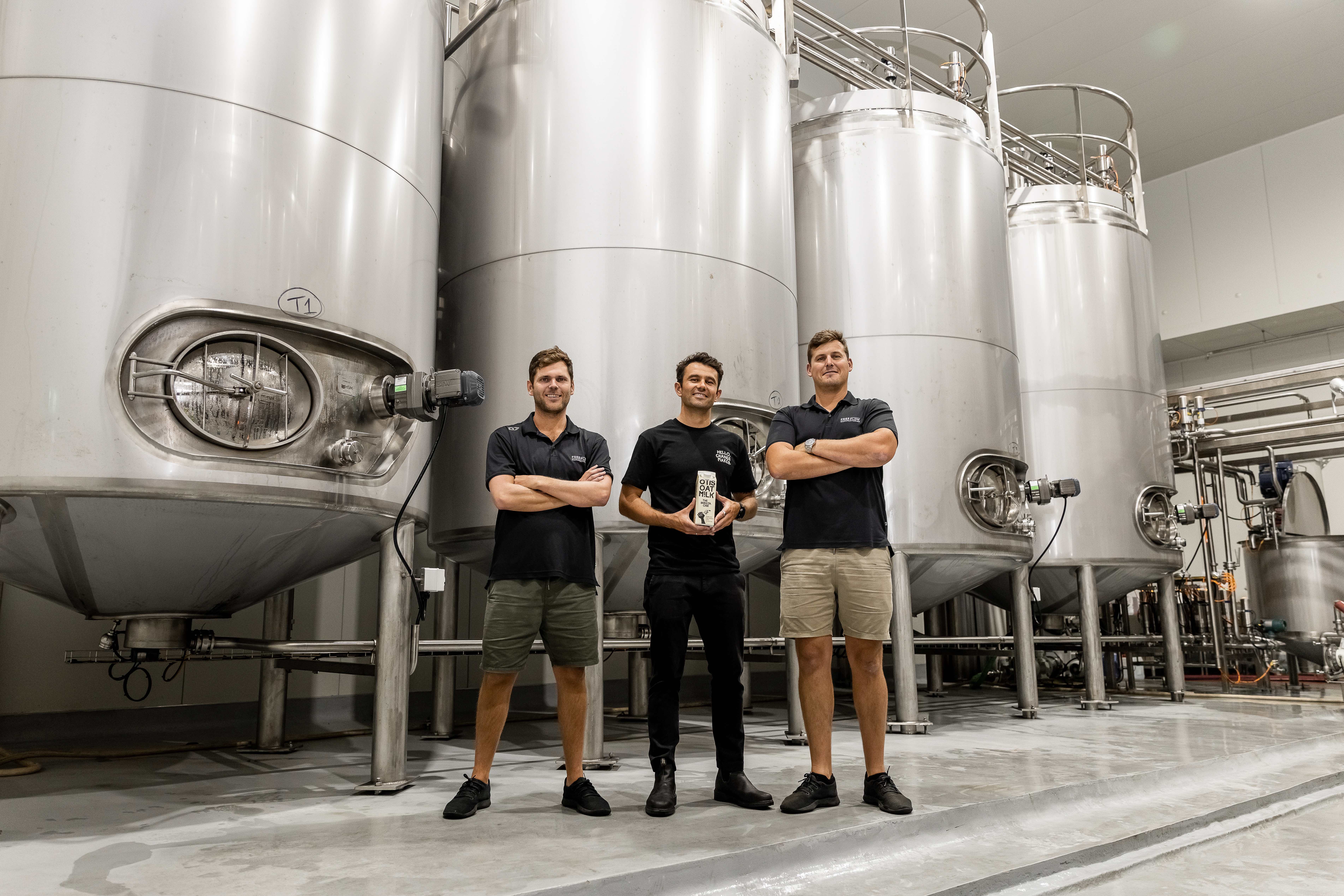 Free Flow Manufacturing co-founders Adam Sorenson (left) and Scott Day (right) with Otis Oat Milk national sales manager Finn Geoghegan. Photo / Supplied