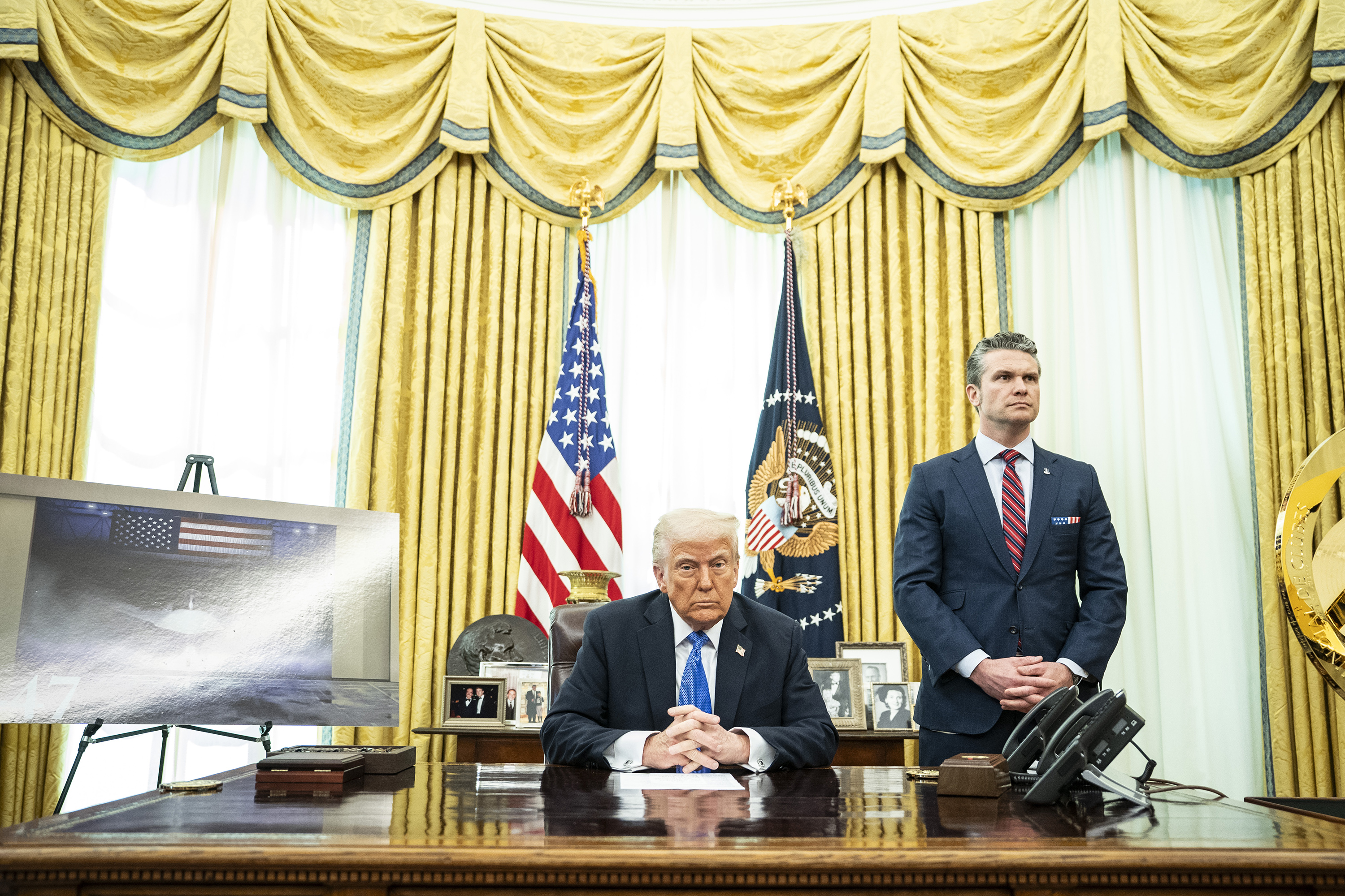 Defence Secretary Pete Hegseth, right, gave colleagues on a Signal group chat (and the journalist mistakenly added to it) the precise time that U. warplanes and drones would strike the Houthis a couple hours beforehand. Photo / Haiyun Jiang, The New York Times