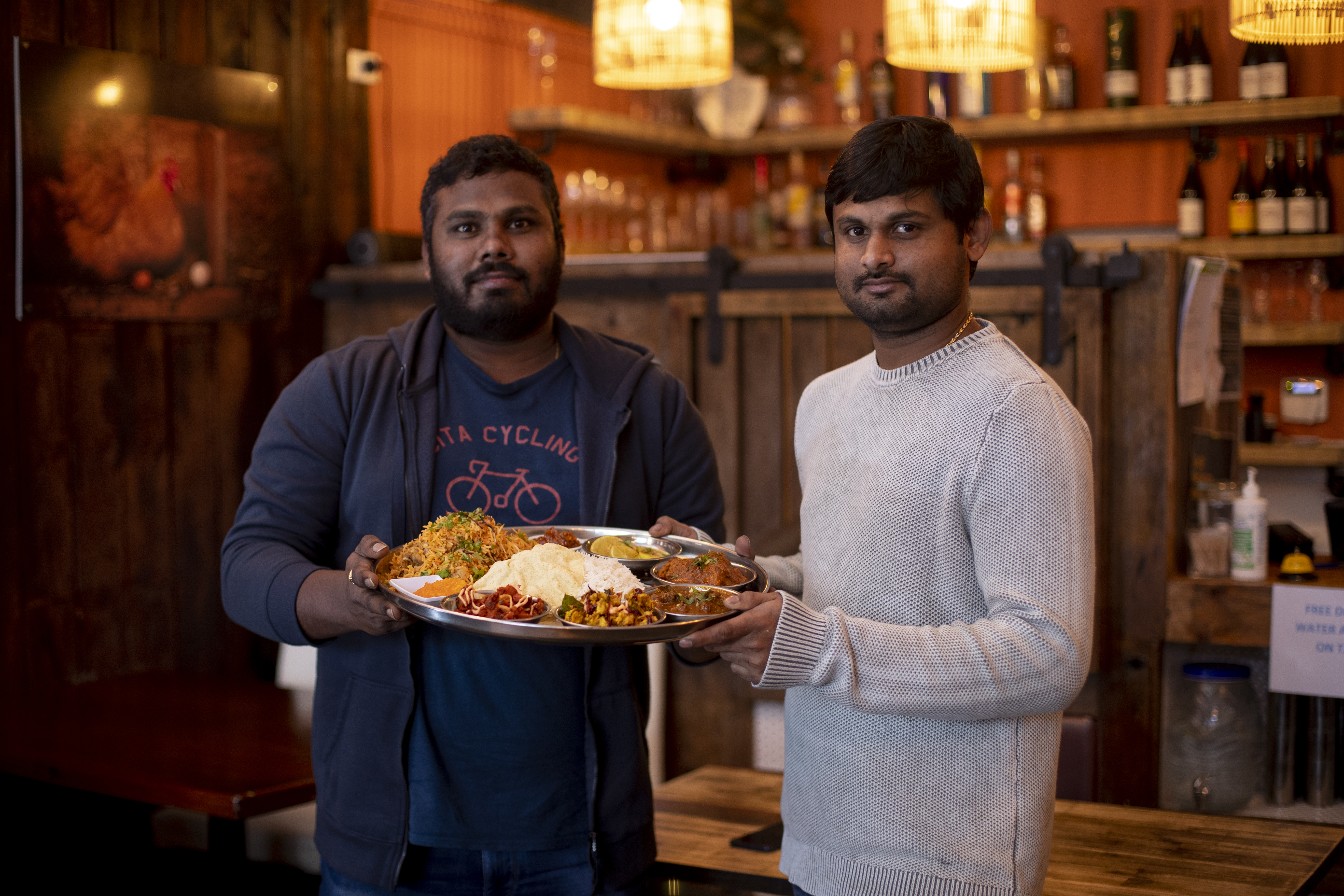 Ganesh Chowdhary Pulapa (right) with business partner Prasad Khothapally at Baahubali Restaurant in Mt Albert. Photo / Dean Purcell