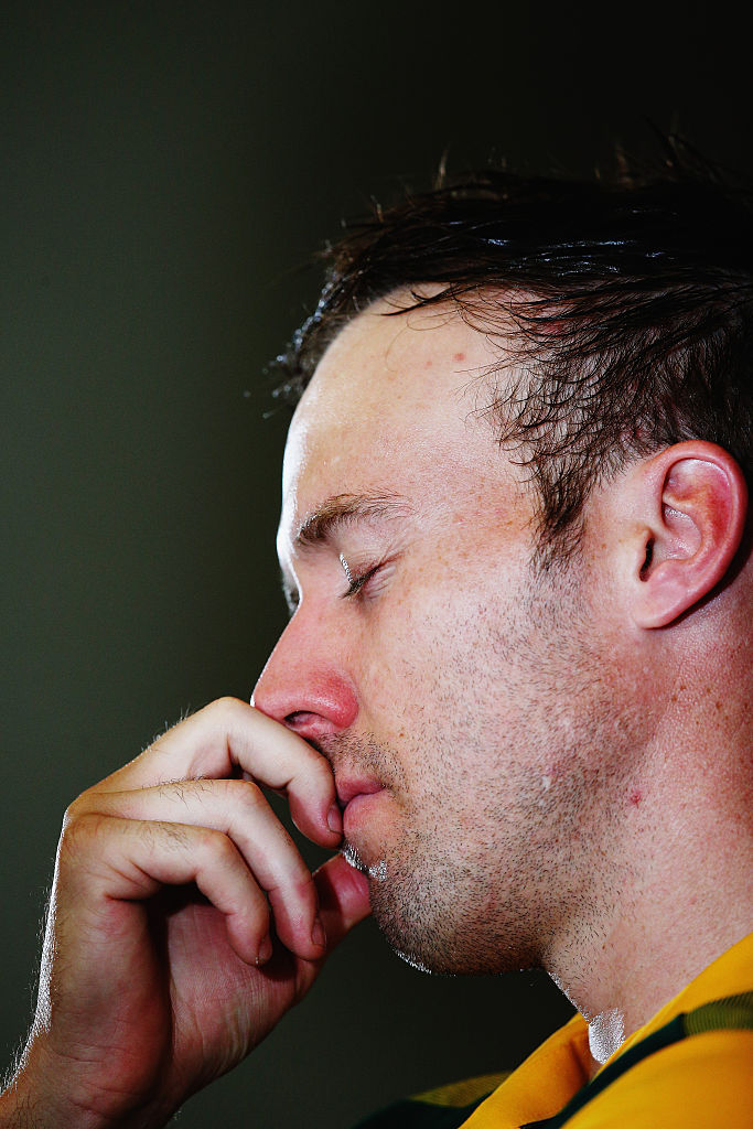 A distraught AB de Villiers at the post-match press conference. Photo / Photosport