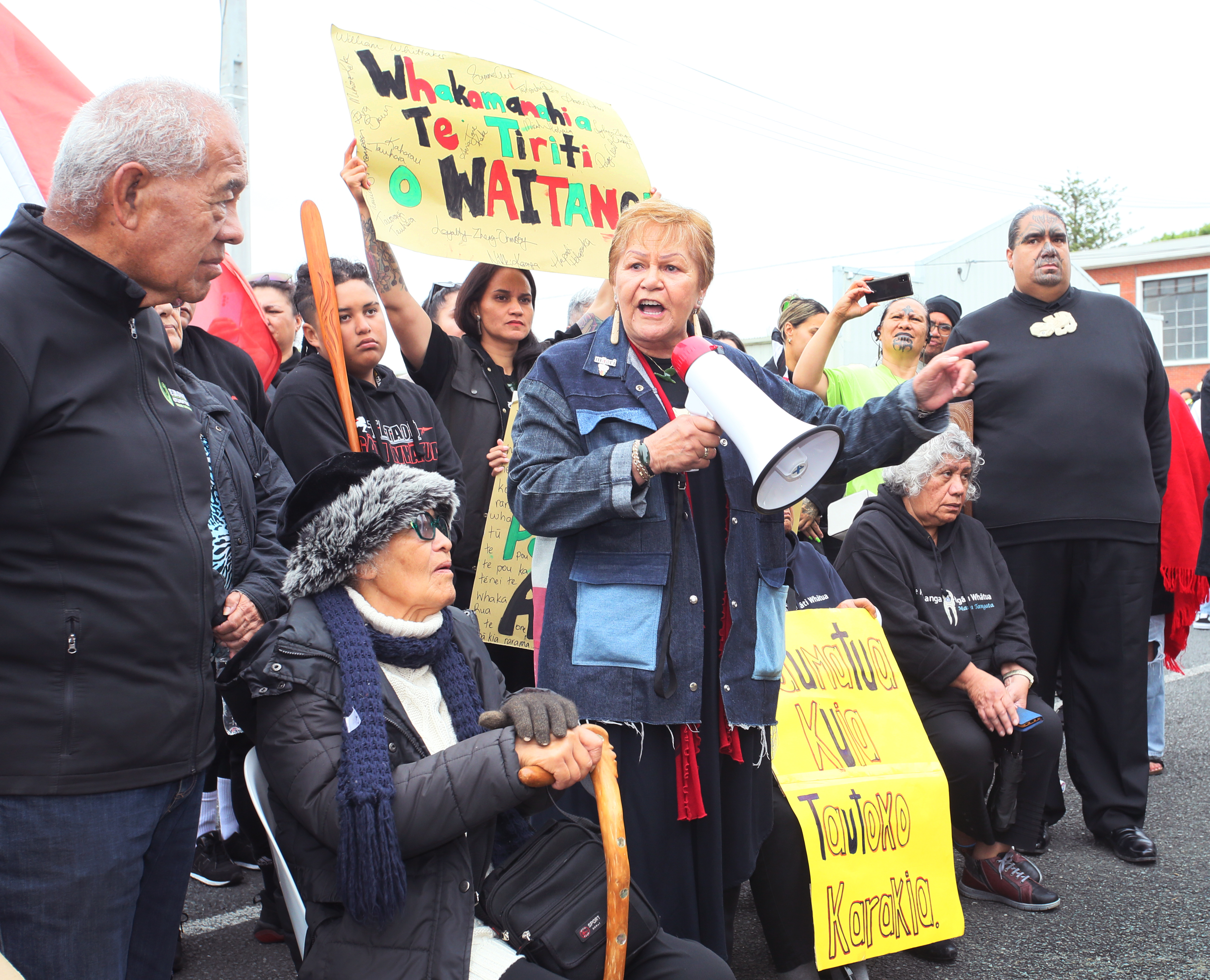 Dame Nadia Glavish outside Kaipara Council chambers during the protest against the karakia ban. Photo / Tania Whyte