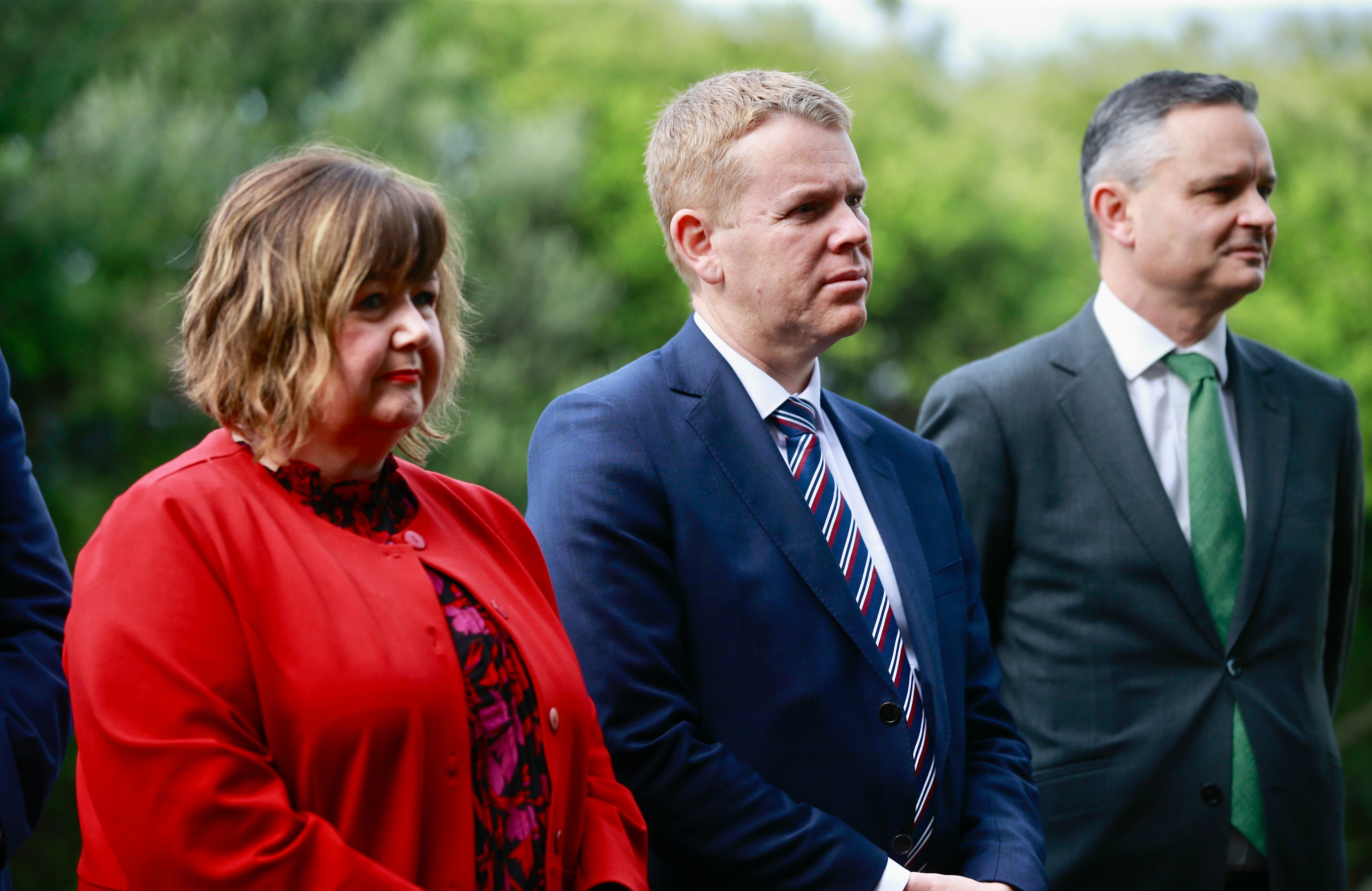 From left: Energy and Resources Minister, Dr Megan Woods, Prime Minister Chris Hipkins, and Climate Change Minister James Shaw at Glenbrook Steel. Photo / Alex Burton