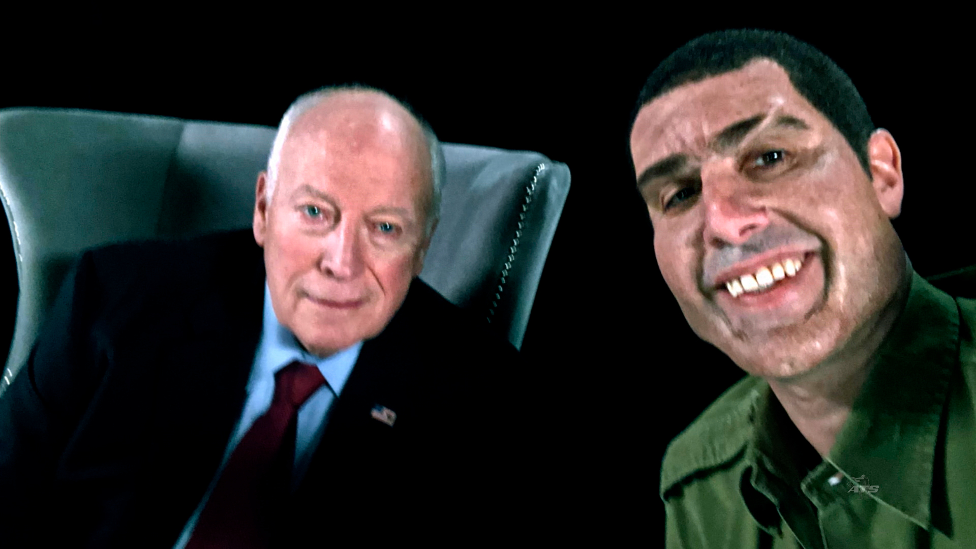 Vice President Dick Cheney, left, and actor Sacha Baron Cohen, portraying retired Israeli Colonel Erran Morad in a still from the TV series. 