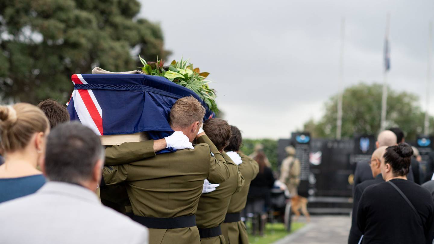 1st New Zealand Special Air Services Regiment (1NZSAS) pallbearers carrying Lance Corporal Nicholas Kahotea towards the regiment's wall of remembrance. Photo / NZ Army
