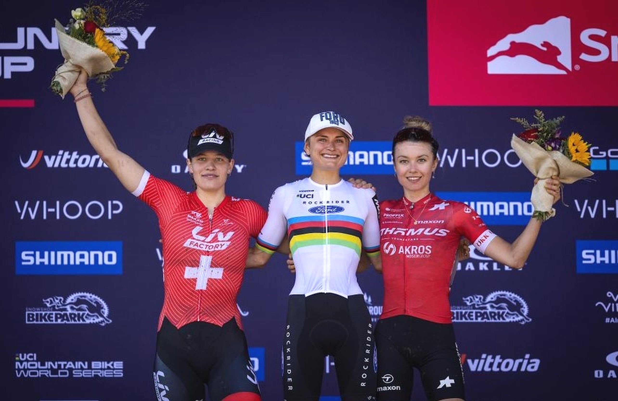 World Champion Sammie Maxwell (centre) on the podium at Snowshoe, USA. Photo / UCI