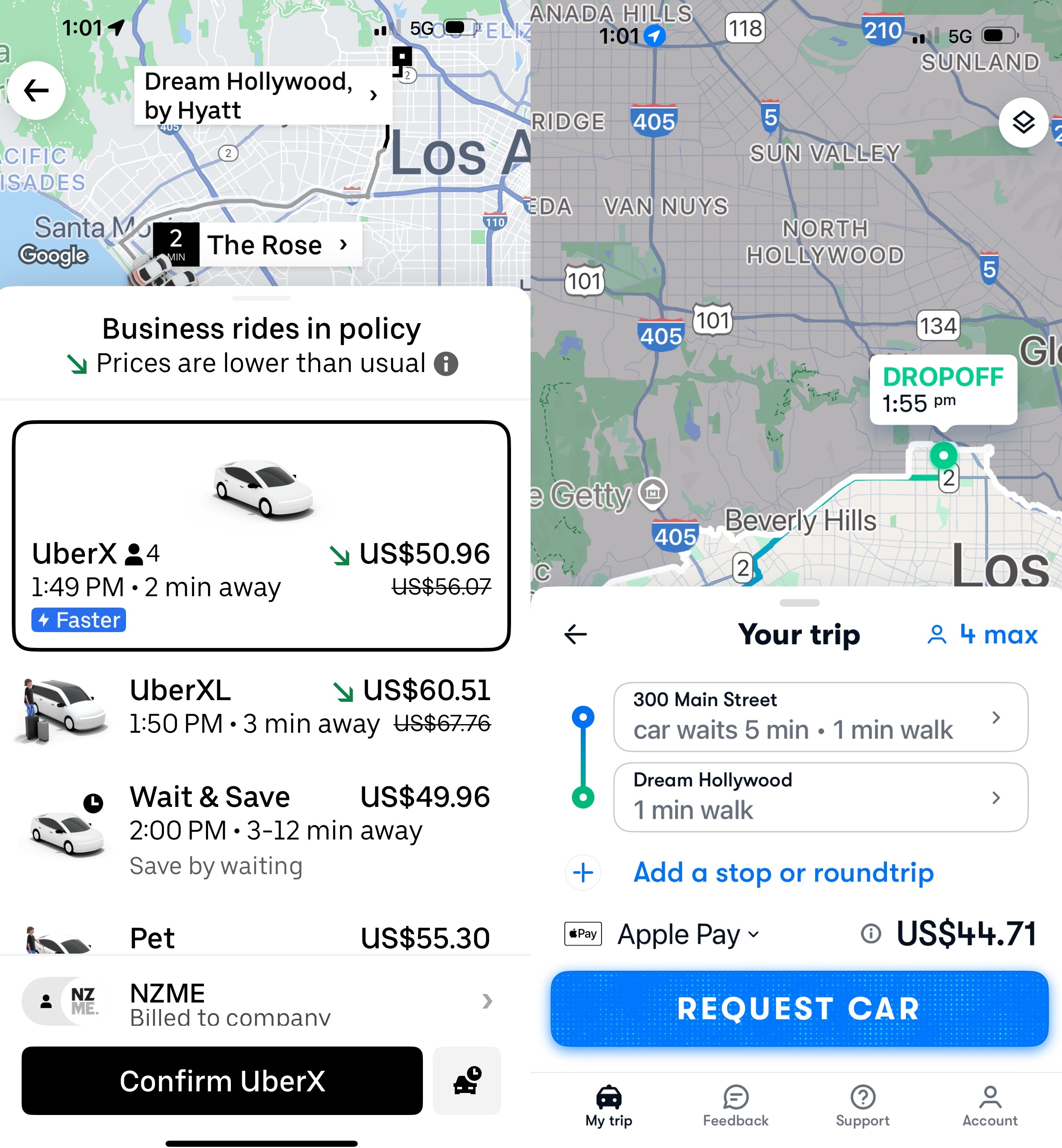Human-driver Uber and driverless Waymo quotes for the same trip, both at 1.01pm - an off-peak traffic time. Screen grabs / Chris Keall