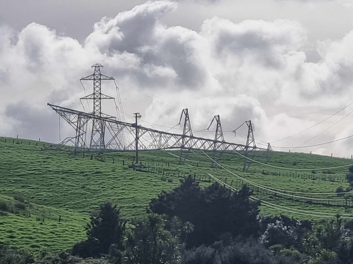 The downed Transpower tower knocked power out to much of Northland. Photo / Louise Owen
