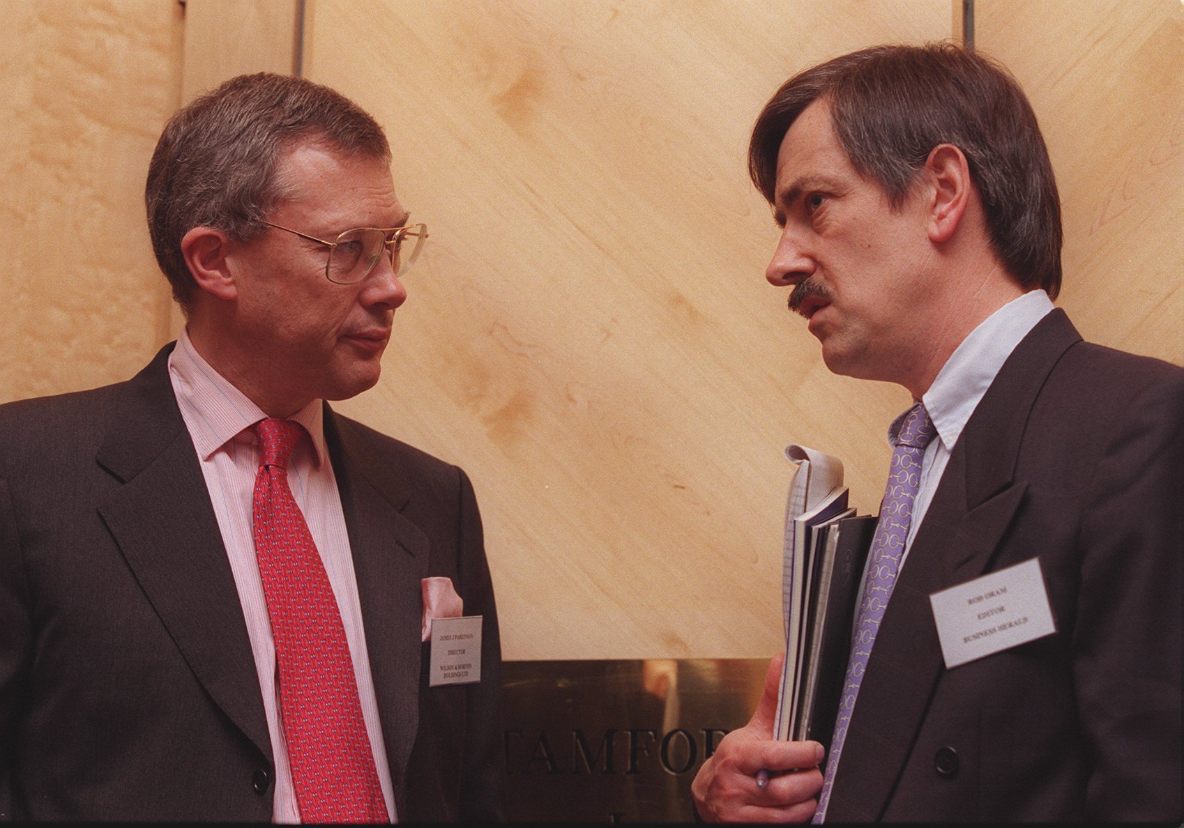 James Parkinson Finance Director of the Irish parent company (left) with The NZ Herald Business Editor Rod Oram. Photo / Antoine Millett 1999