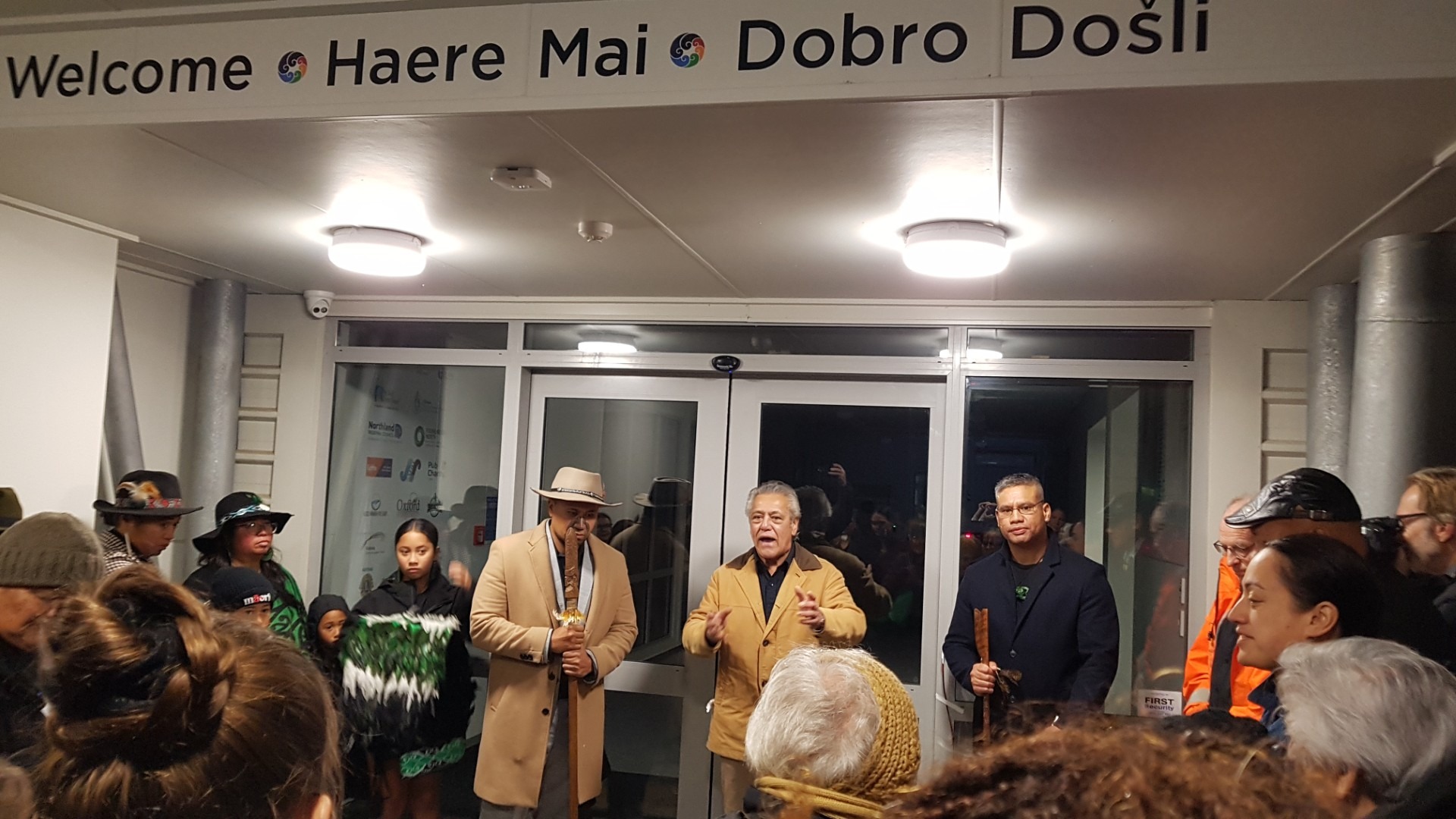 Te Rarawa kaumatua Haami Piripi (centre) and Wikitana Popata (Ngāi Tohanga, Te Paatu, left) and Pene Tawhara (Te Paatu, Te Rarawa) at the opening of the Te Hiku Sports Hub on Wednesday. The centre greets people in three languages: English, Te Reo Māori and Dalmation