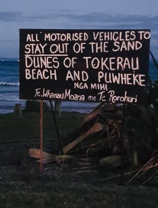Signs have gone up at the entrance to Tokerau beach and other points around Karikari Peninsula urging riders and drivers to keep off the dunes. 