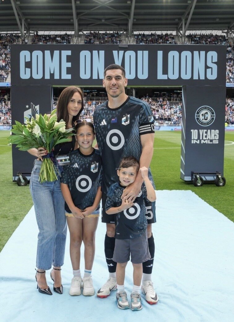 Libby and Michael Boxall with their children, Maxwell and Beau, at Allianz Stadium in Minnesota’s St Paul last month.  