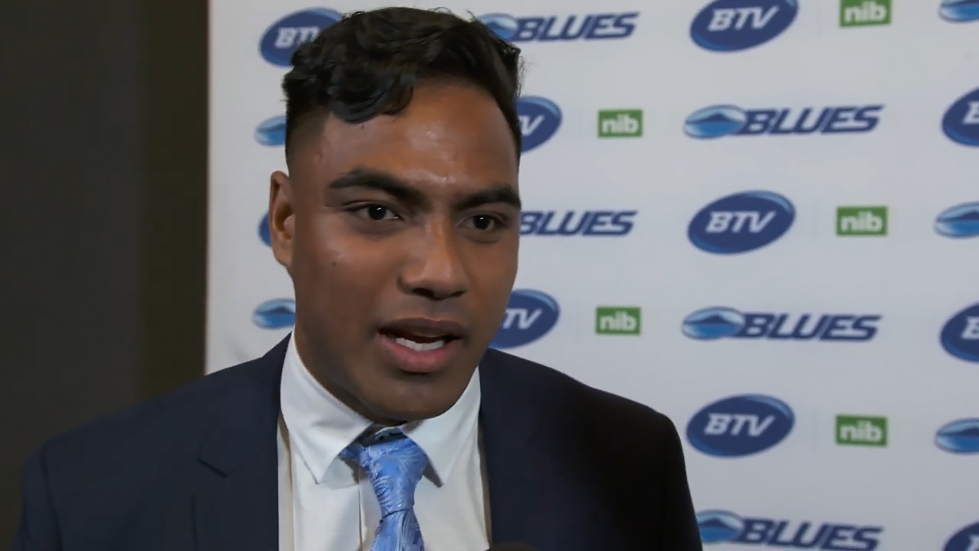 Lemeki Namoa being interviewed shortly after being named the Blues Development Player of the Year in 2019. Photo / Supplied