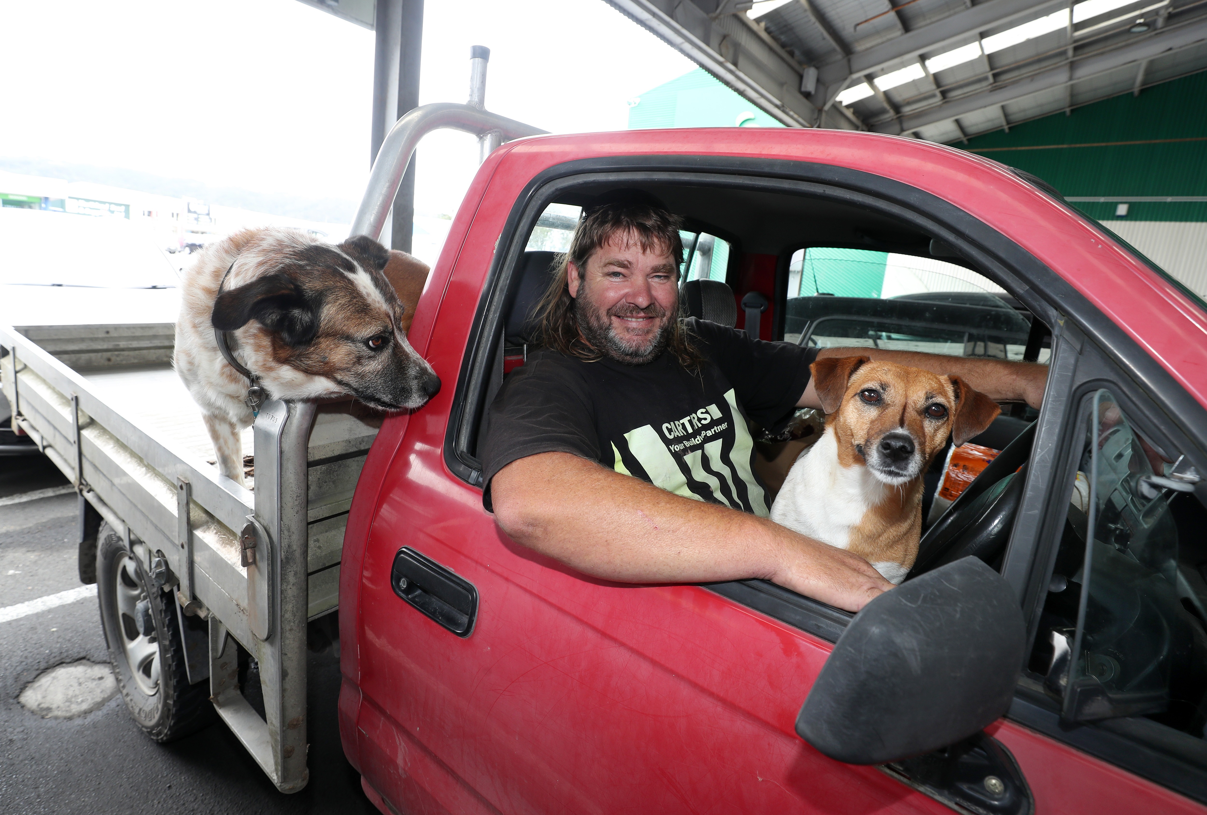 Farmer Luke Schimanski no longer buys dog tucker but culls local possums as feed for his canine buddies Strauss (at back) and Xena. Photo / Michael Cunningham
