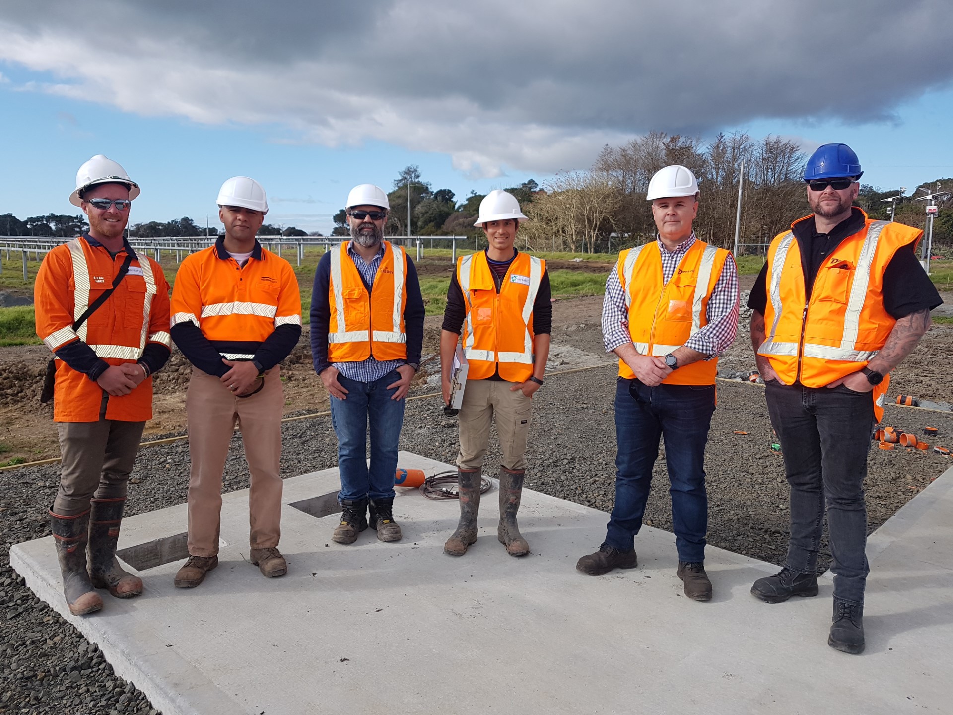 Some of the people getting the country’s largest solar farm up and running near Kaitāia - (from left) Jeremy Fenwick, Infratec site assistant; Lodestone GM of Construction Jake Ighile; Frans Minaaar, New Energy project manager; Jason Smith Vidaurre, Infratec site manager; Scott Walls, New Energy managing director and Ross Doherty, New Energy health, safety and environment manager. Photo / Mike Dinsdale