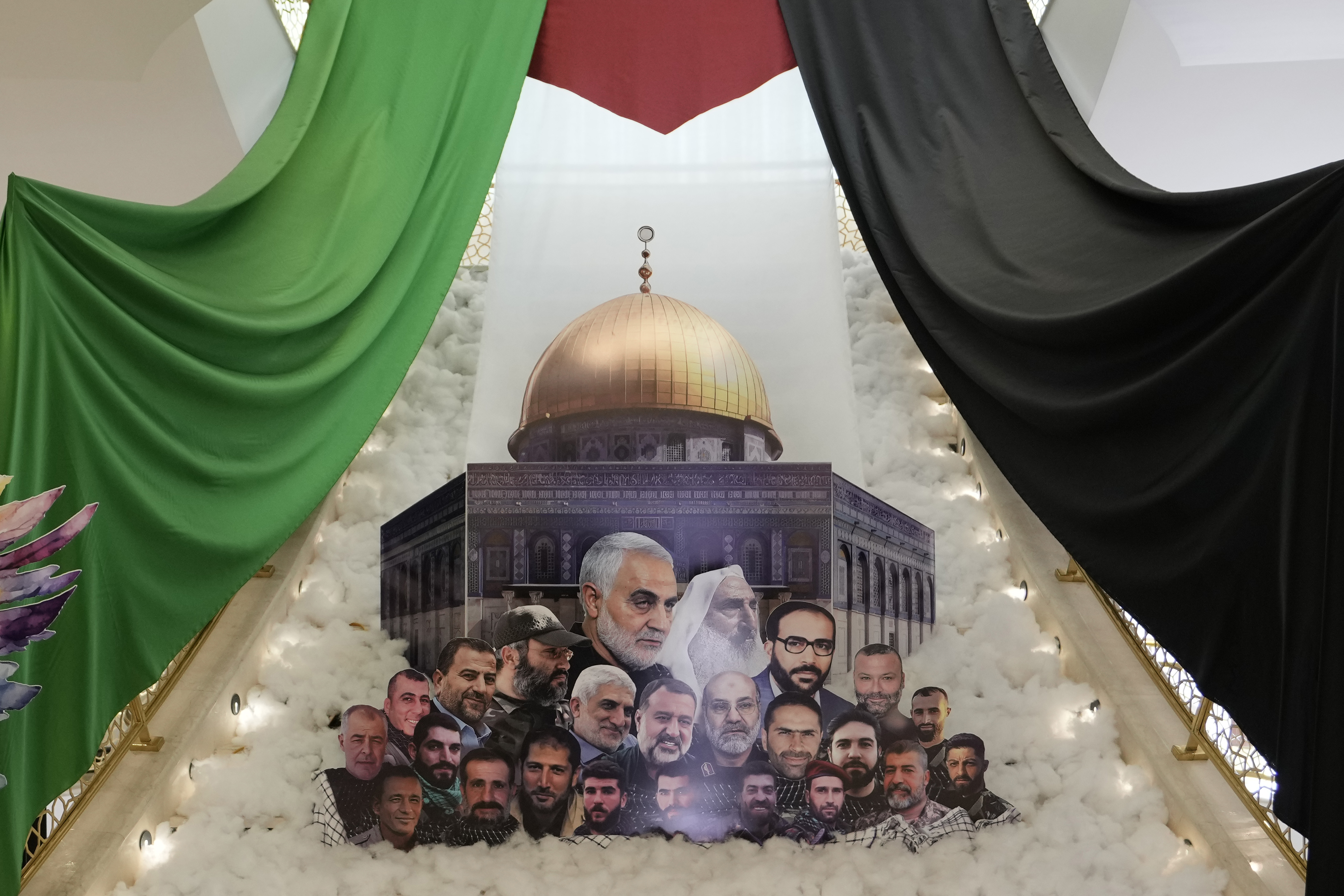 A display showing slain Iranian military officials and allied Lebanese and Palestinians next to the al-Aqsa Mosque is set up, as the Iranian embassy receives condolences for the death of Iranian Revolutionary Guard Gen. Mohammad Reza Zahedi. Photo / AP