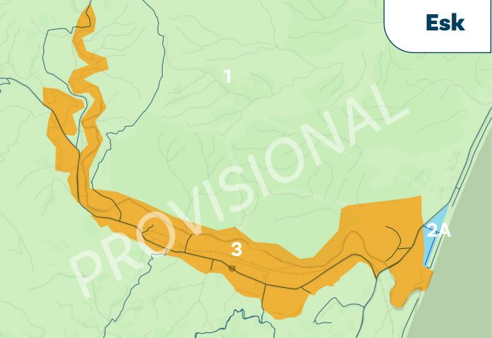The provisional zoning for Esk Valley, north of Napier, which was hit hard in the cyclone. Much of the area has been determined unfit to live on in the future, but that could change following further consultation. Photo / Supplied
